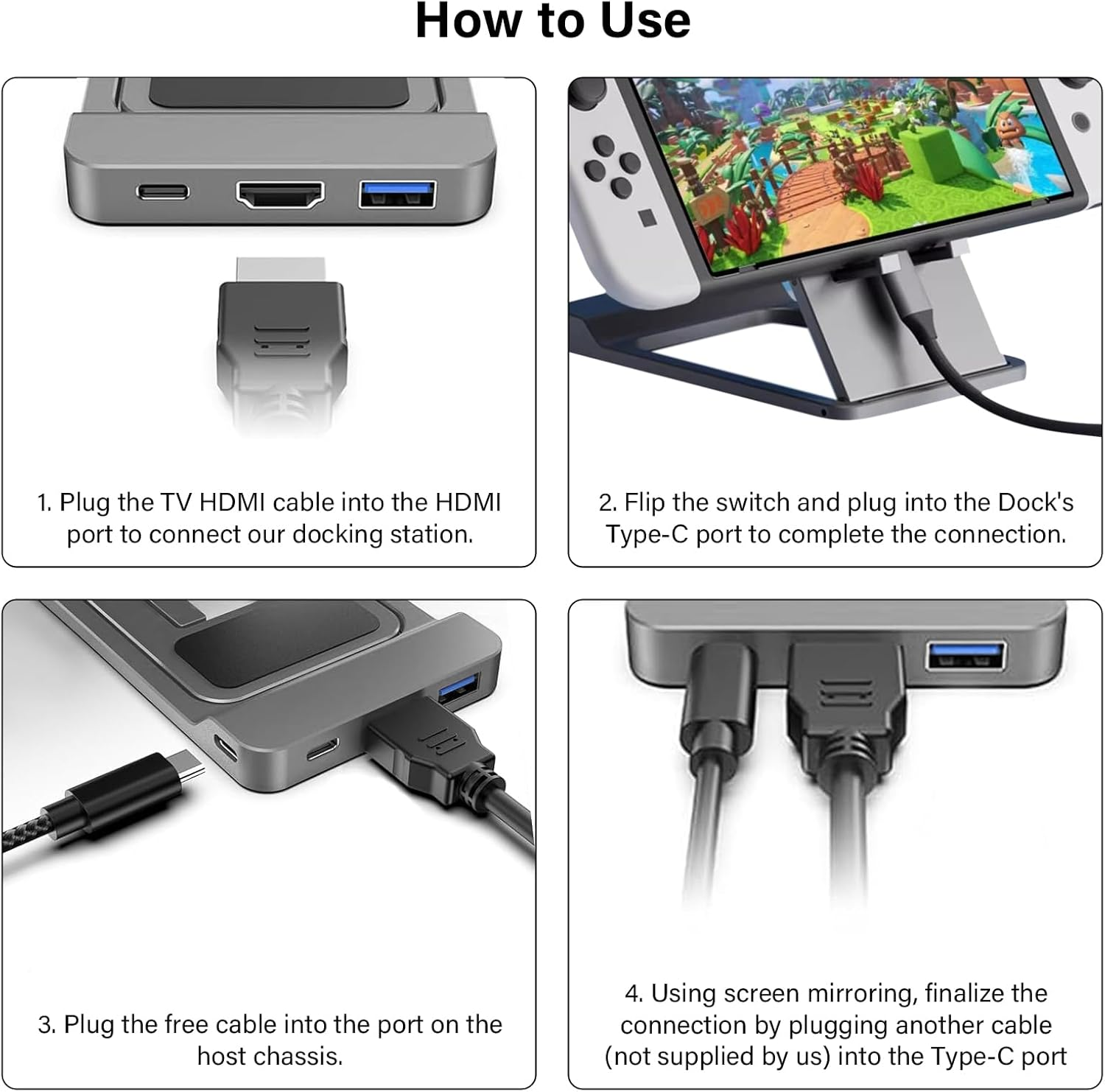 Anleitung: HDMI-Kabel anschließen, Switch umlegen, USB-C verbinden, weiteren Kabel anschließen.