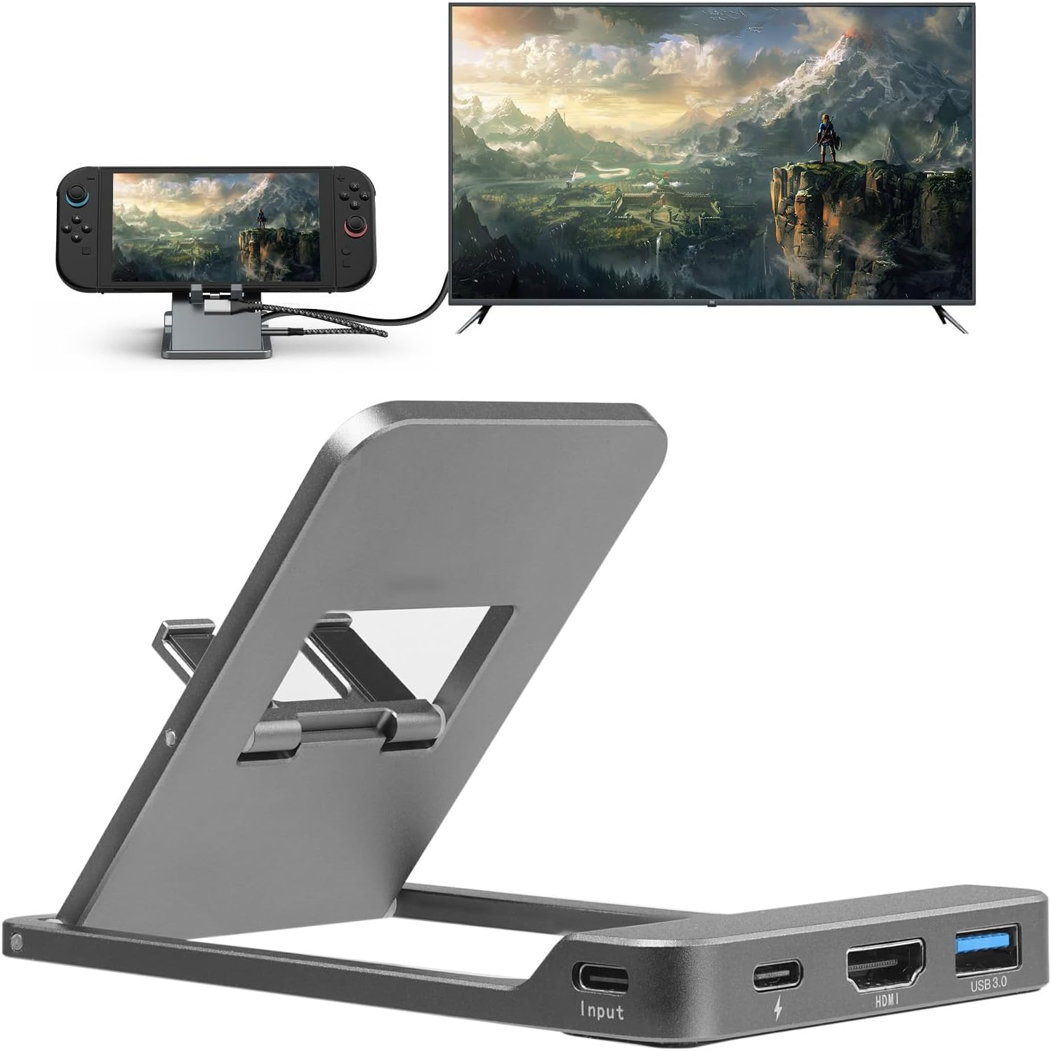 Ein grauer Ständer mit einem Spielgerät und einem HDMI-Kabel, das mit einem Fernseher verbunden ist.