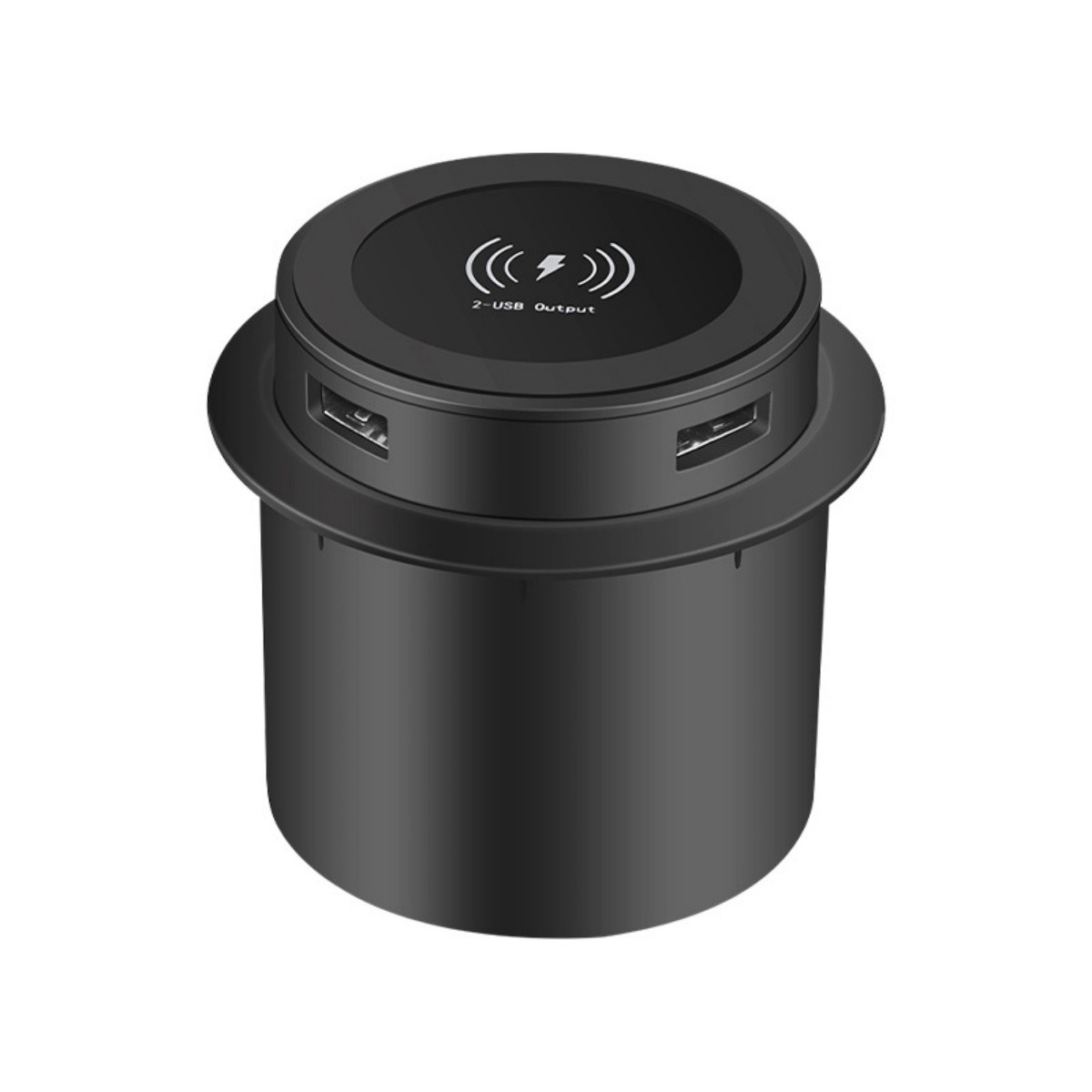 Schwarzer Tischaufladegerät mit 2 USB-Anschlüssen und kabelloser Ladefunktion.