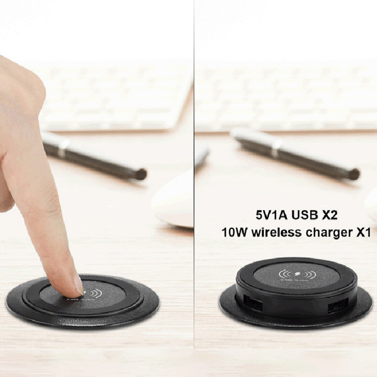 Ein Finger berührt eine schwarze kabellose Ladestation mit USB-Anschlüssen.