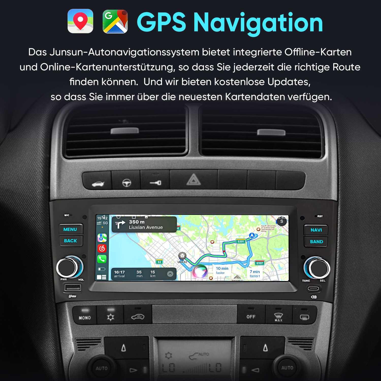 Ein Navigationssystem im Auto zeigt eine Karte mit Routenführung, Verkehrsinformationen und Ankunftszeit.