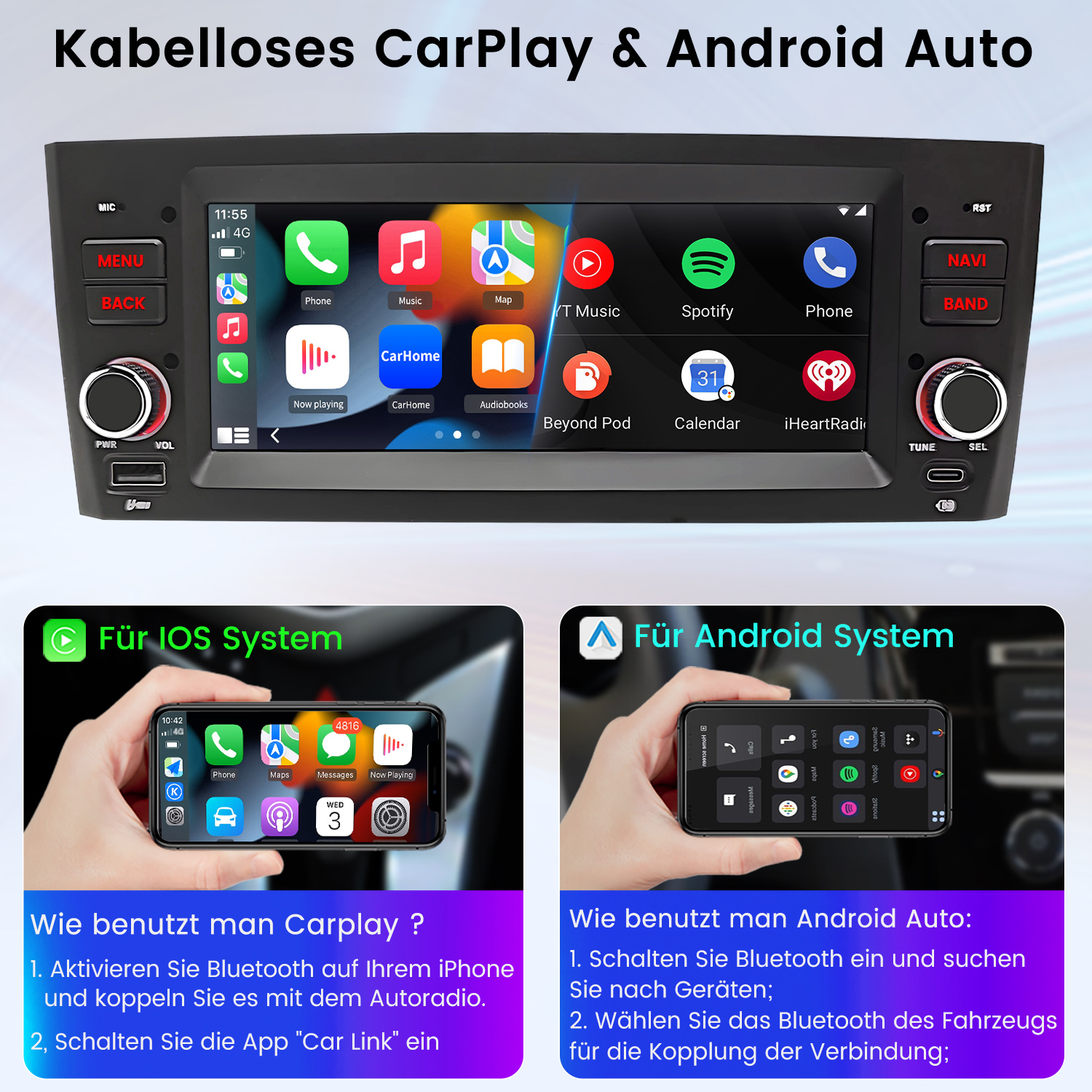 Autoradio mit Touchscreen zeigt CarPlay und Android Auto an, daneben zwei Smartphones.