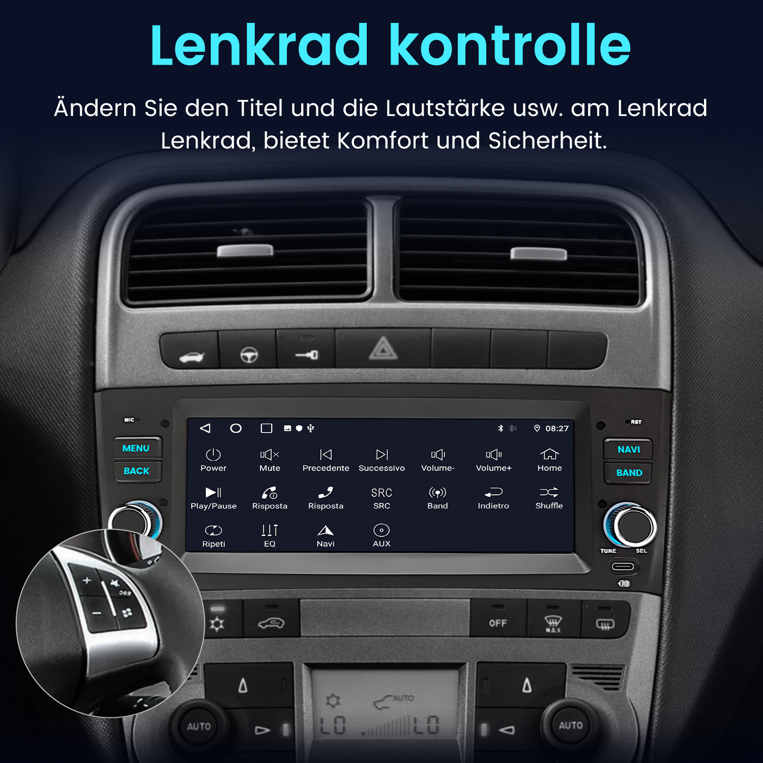 Autoinnenraum mit Fokus auf das Infotainmentsystem und Lenkradbedienelemente.