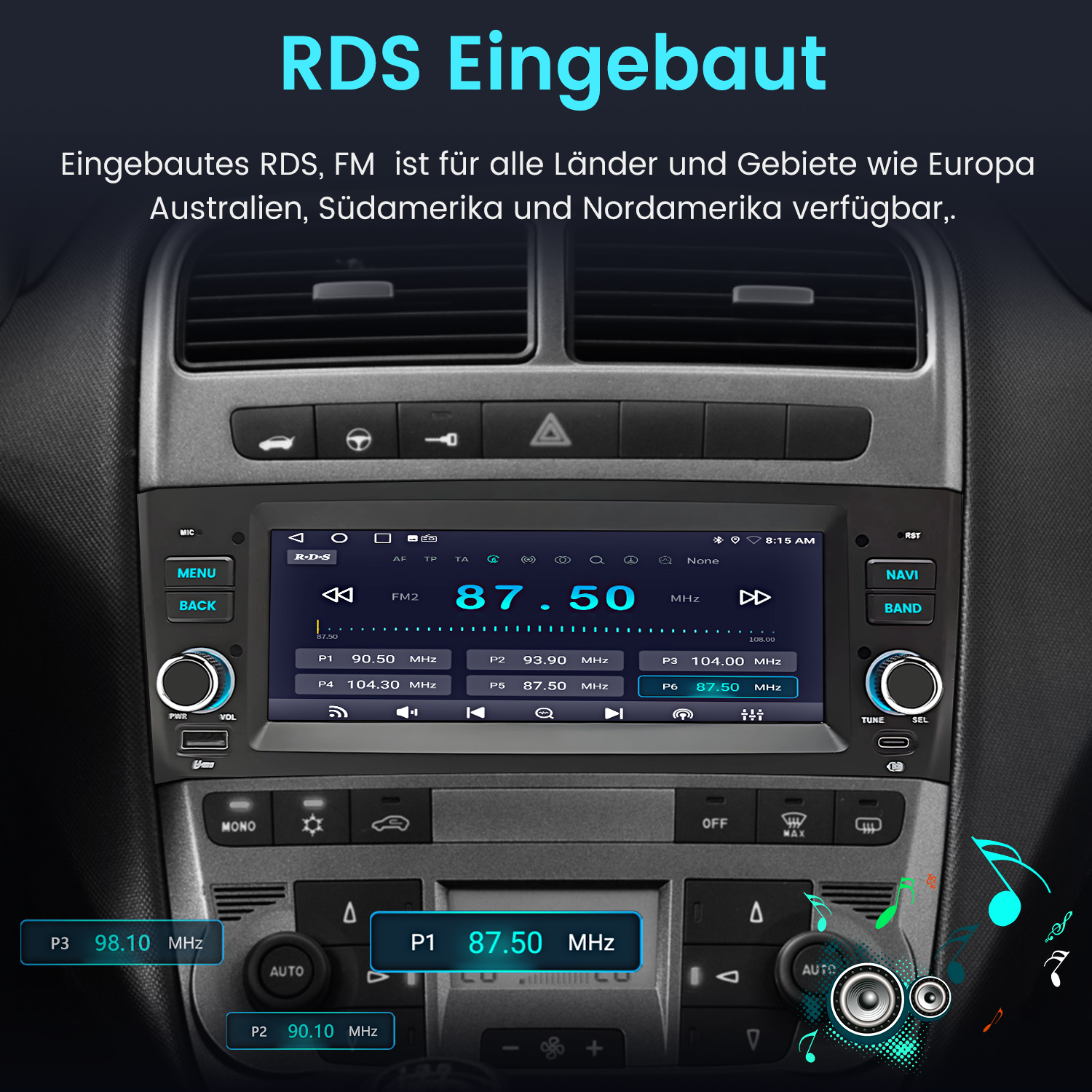 Autoradio mit RDS-Funktion, zeigt Sender 87.50 MHz an.