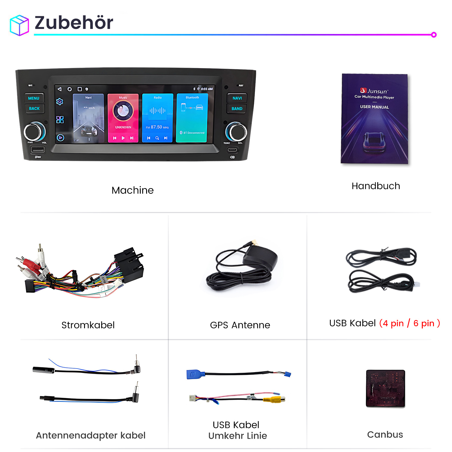 Das Bild zeigt Zubehör für ein Autoradio, darunter eine Maschine, Handbuch, Kabel und Antennen.