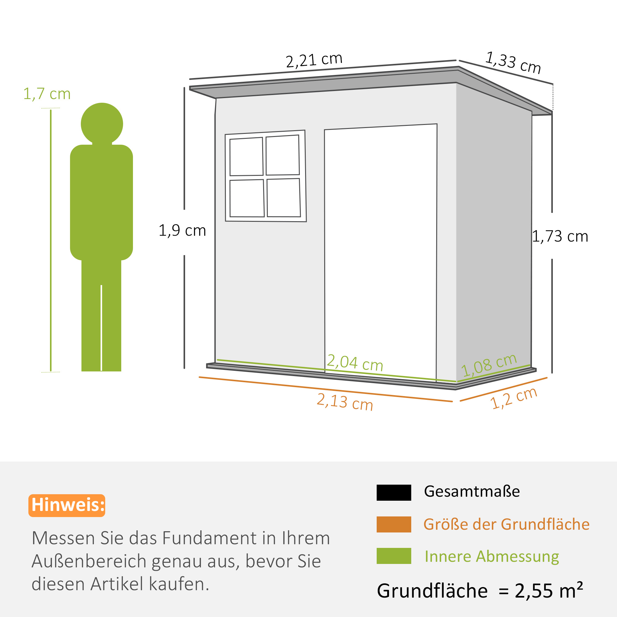Illustration eines Geräteschuppens mit Maßen und einer Figur.