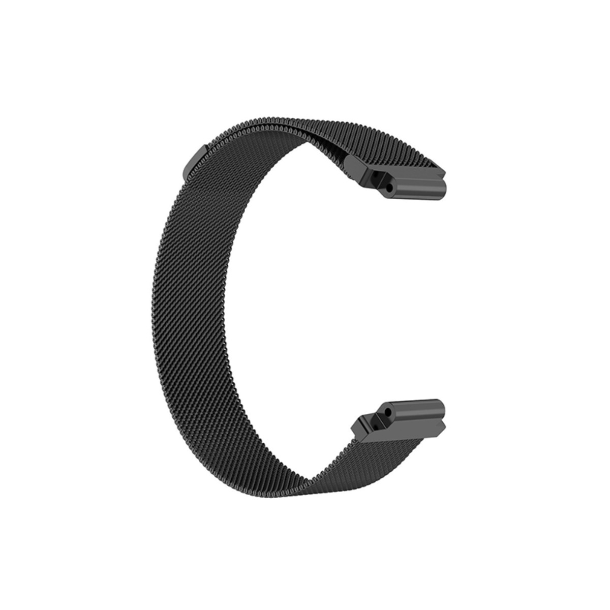 Ein schwarzes, flexibles Milanese-Armband für Uhren mit Metallverschluss.