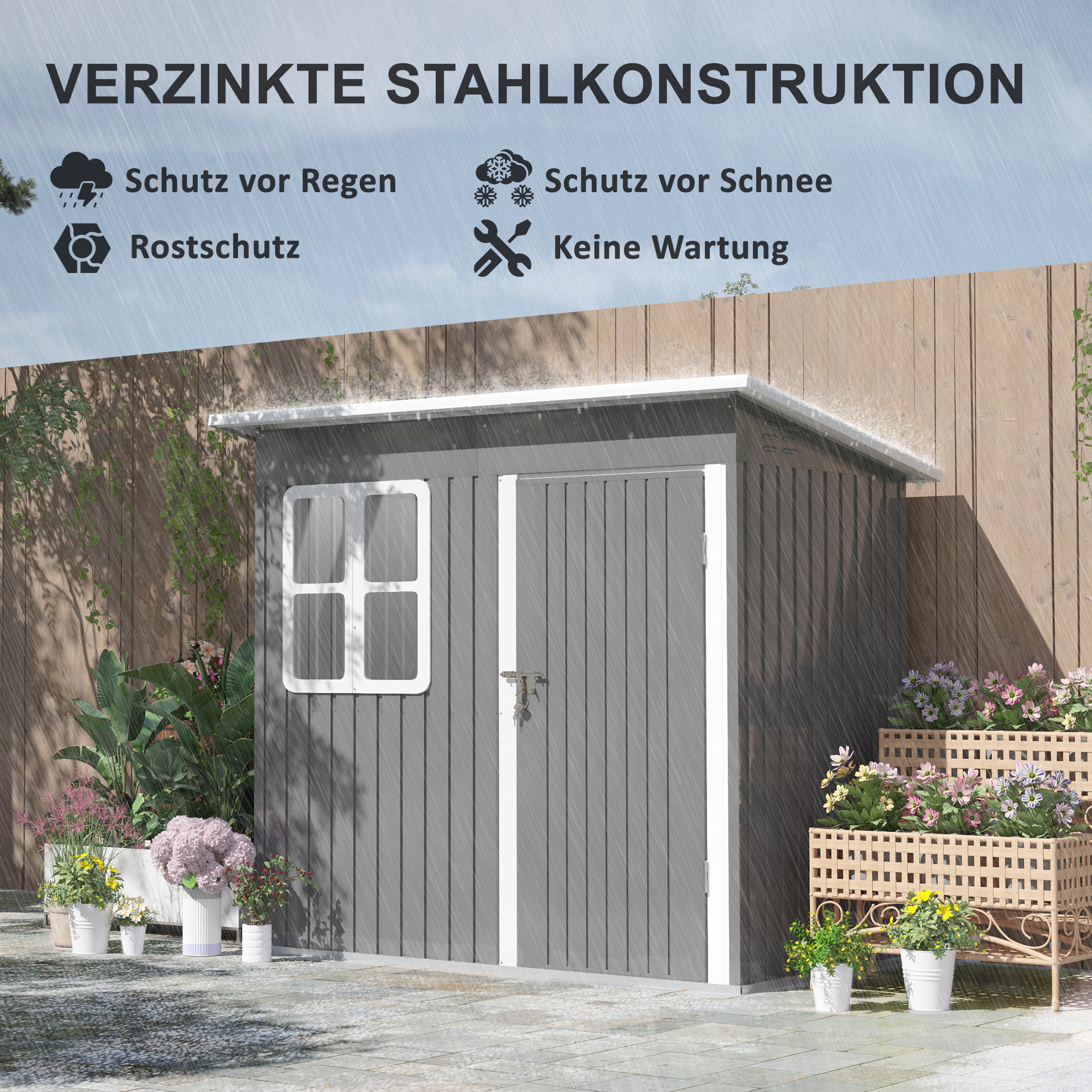 Grauer Gartenschuppen mit Fenster und Tür, Blumen, bei Regen.