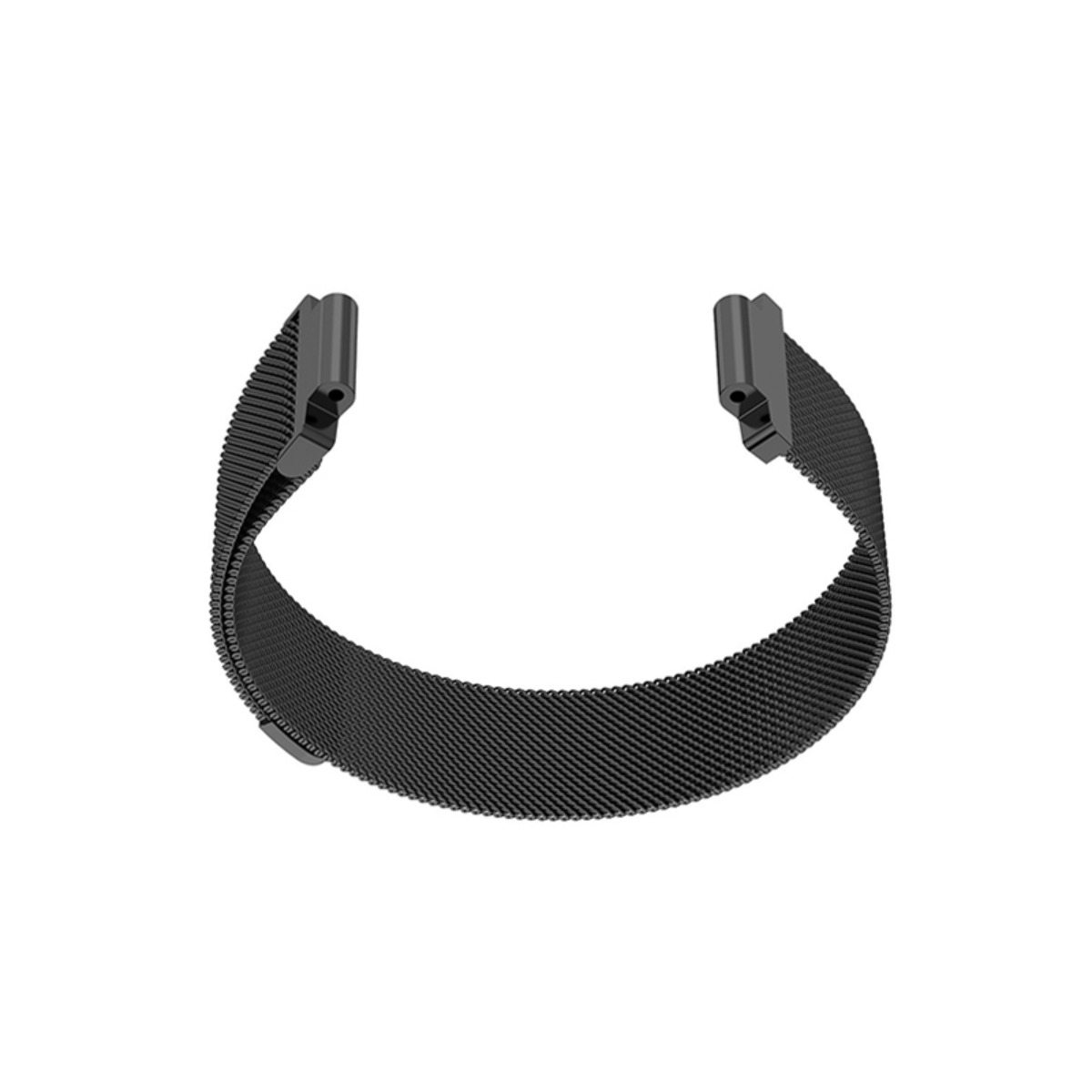 Ein schwarzes, feinmaschiges Edelstahl-Uhrenarmband mit magnetischem Verschluss.