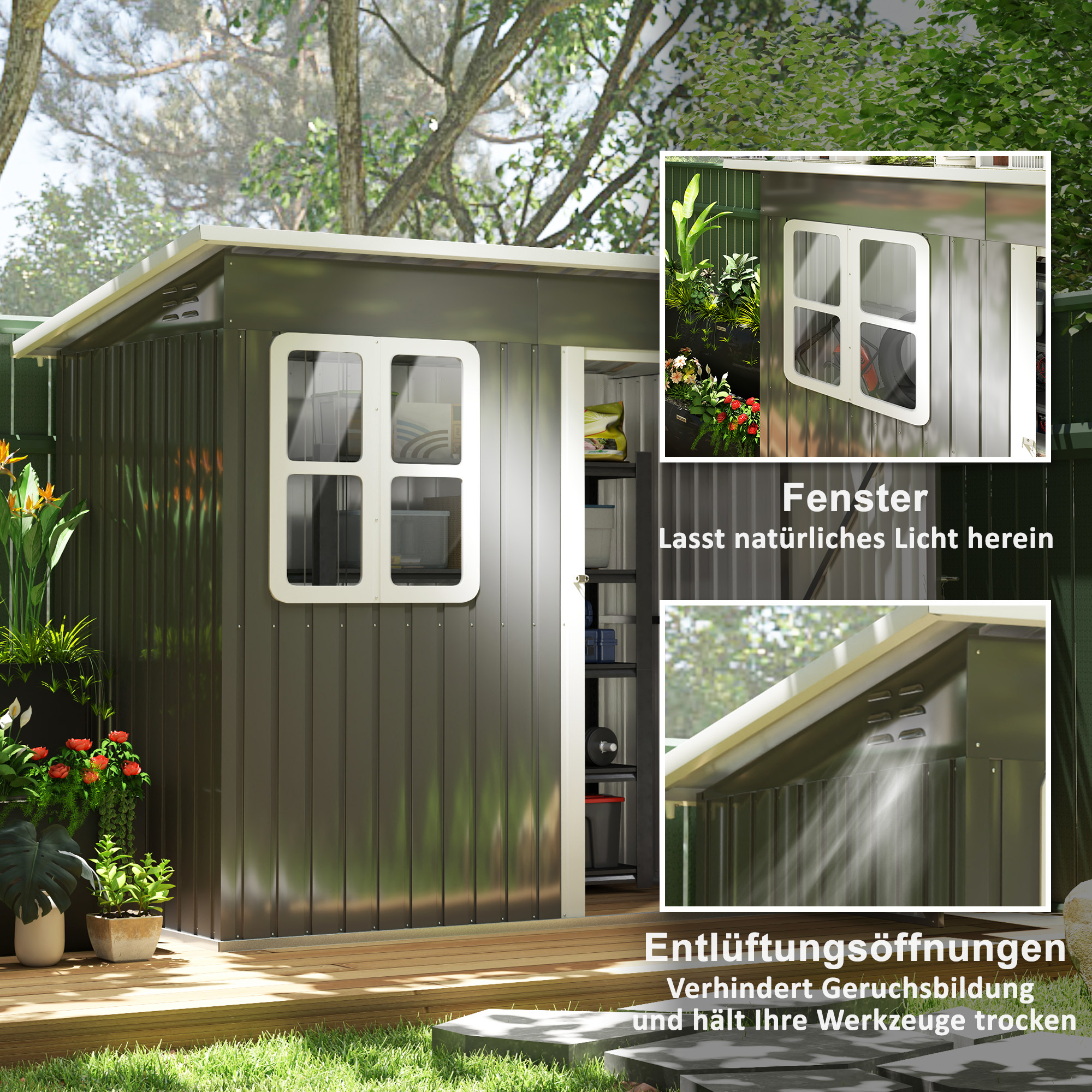 Dunkelgrüne Gartenhütte mit Fenstern, Tür offen, Pflanzen und Holzdeck.