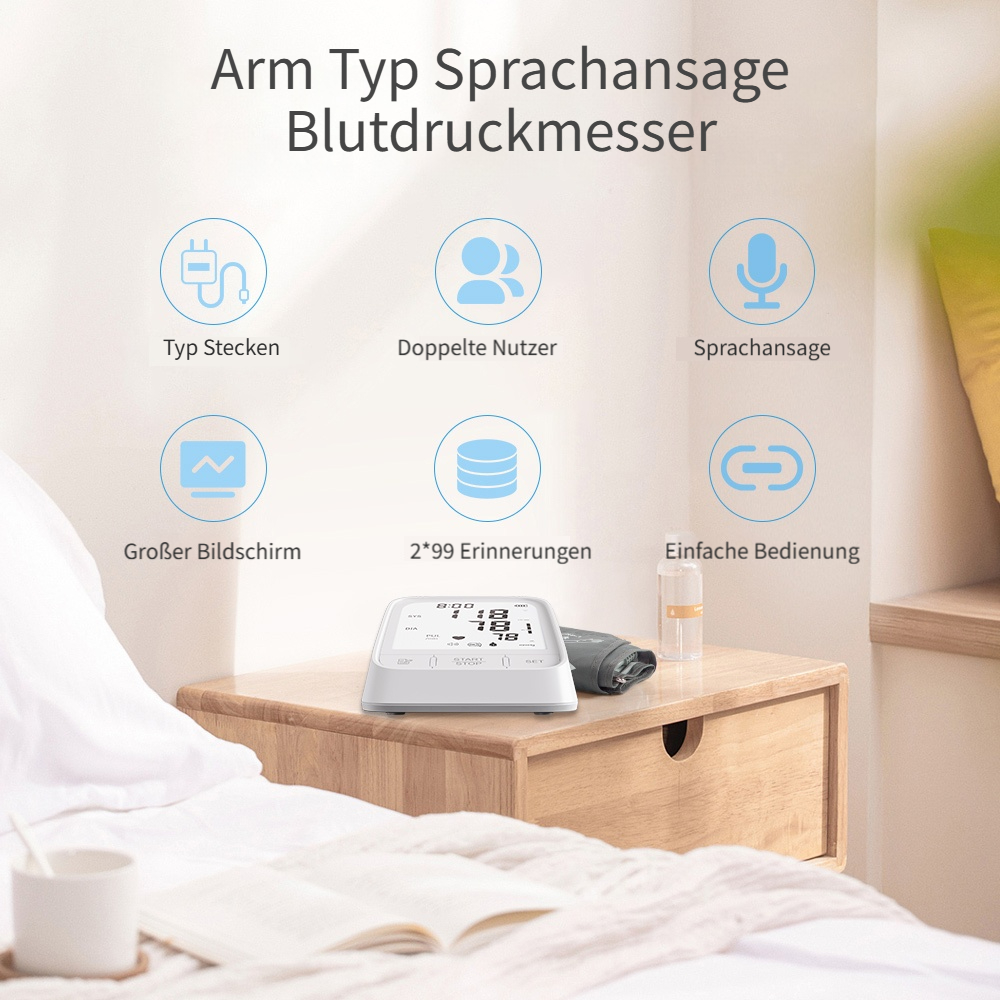 Weißes Blutdruckmessgerät mit Symbolen für Funktionen: Stecker, 2 Nutzer, Sprache, Bildschirm, Speicher.