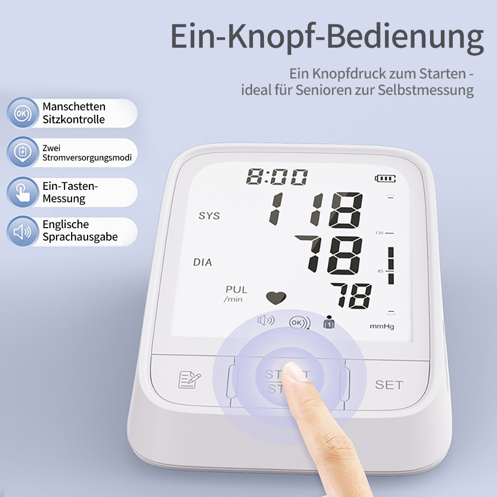 Ein Finger drückt auf den Startknopf eines weißen Blutdruckmessgeräts.