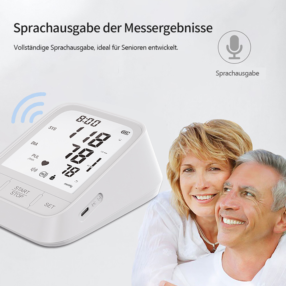 Ein digitales Blutdruckmessgerät mit einem älteren Paar, das lächelt.