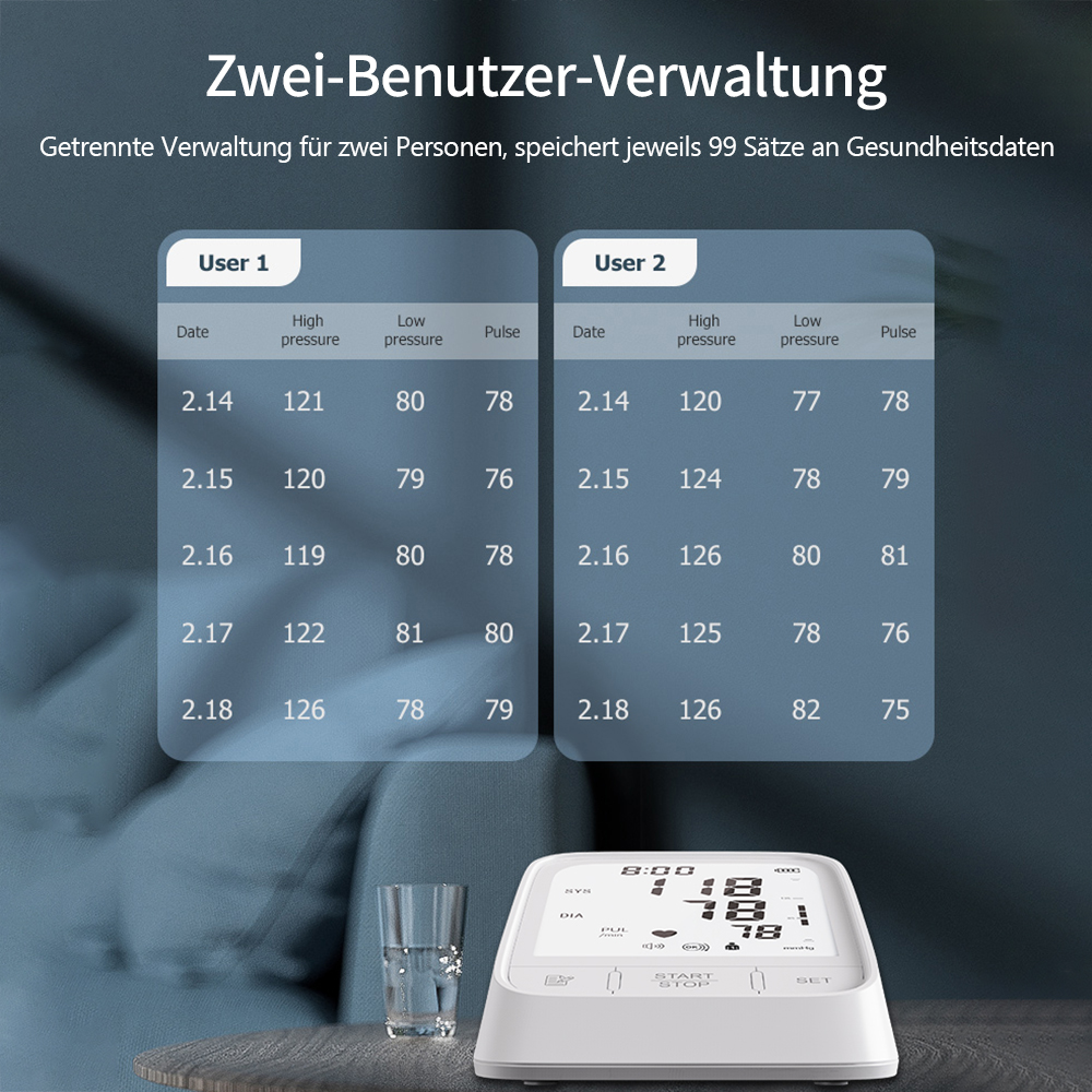 Zwei-Benutzer-Verwaltung: Bludruckwerte und Puls für zwei Benutzer, mit Datum.