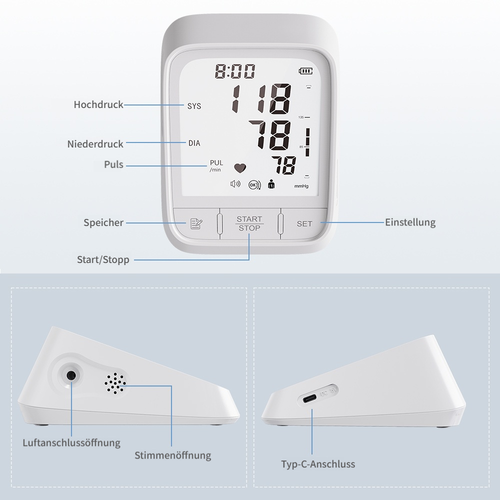 Ein weißes digitales Blutdruckmessgerät zeigt 118/78 mmHg. Unten sind drei Ansichten: Seite mit Anschlüssen, Rückseite mit USB-C.