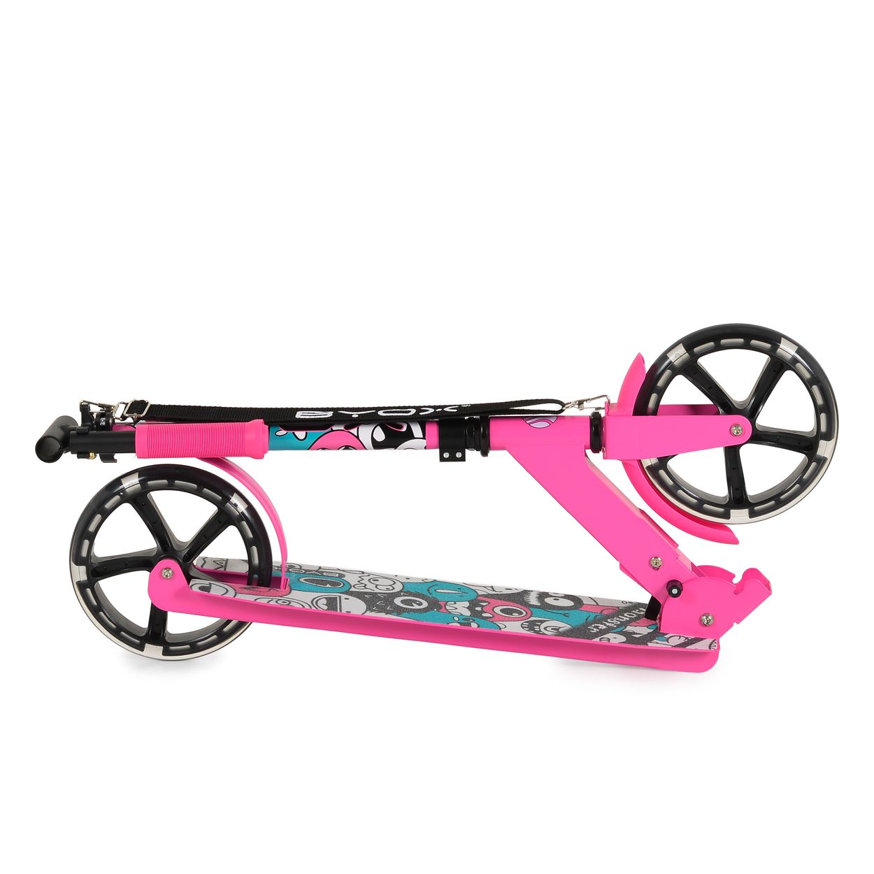 Ein pinkfarbener Roller mit schwarzen Rädern und kindlichem Muster.