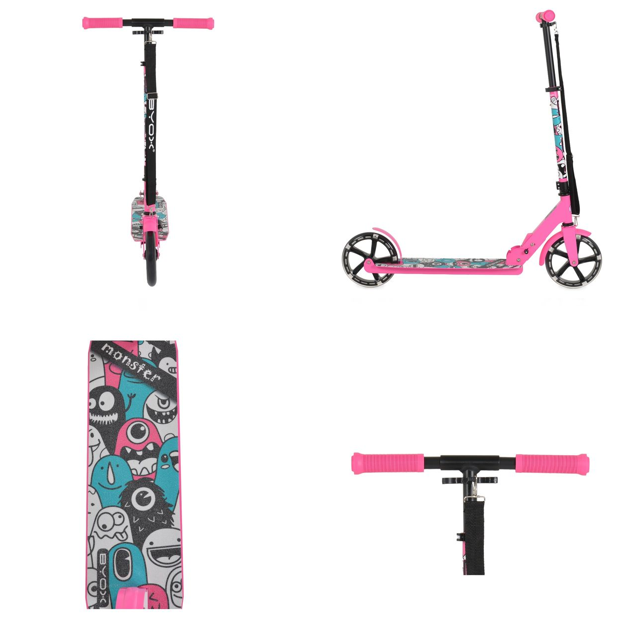 Ein pinkfarbener Roller mit Monster-Motiv. Von vorne, von der Seite und vom Lenker.