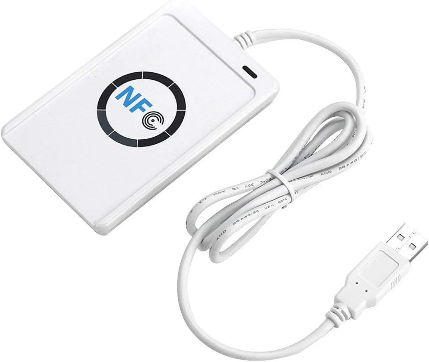 Weißer NFC-Kartenleser mit USB-Kabel und NFC-Logo.