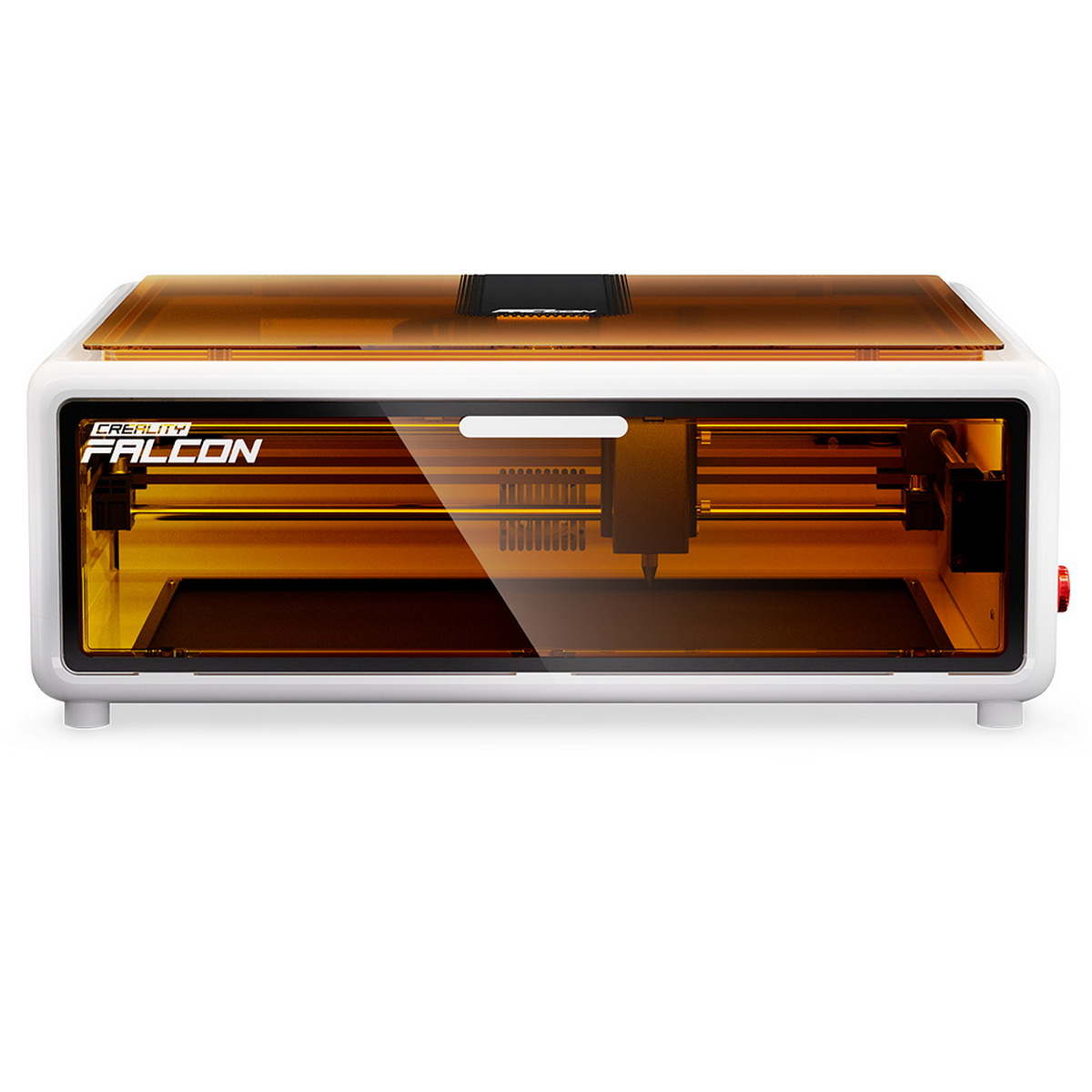 Weißer Lasergravierer mit orangefarbenem Gehäuse und transparentem Deckel.