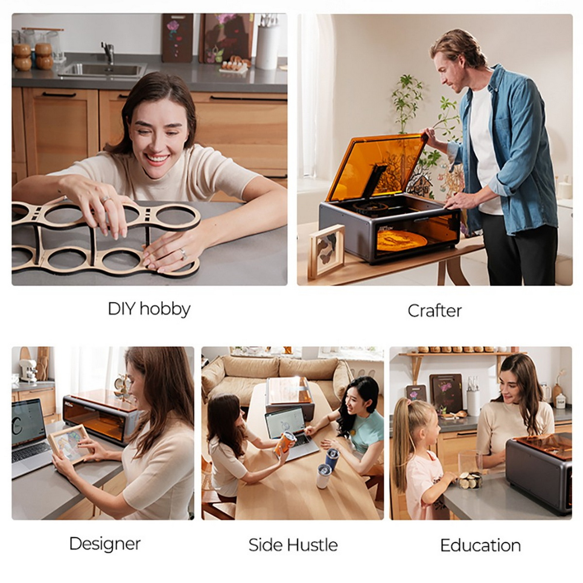 Frau baut Holzmodell, Mann mit Lasergravierer, Designerin mit Laptop, Freunde mit Getränken, Mutter mit Kind.