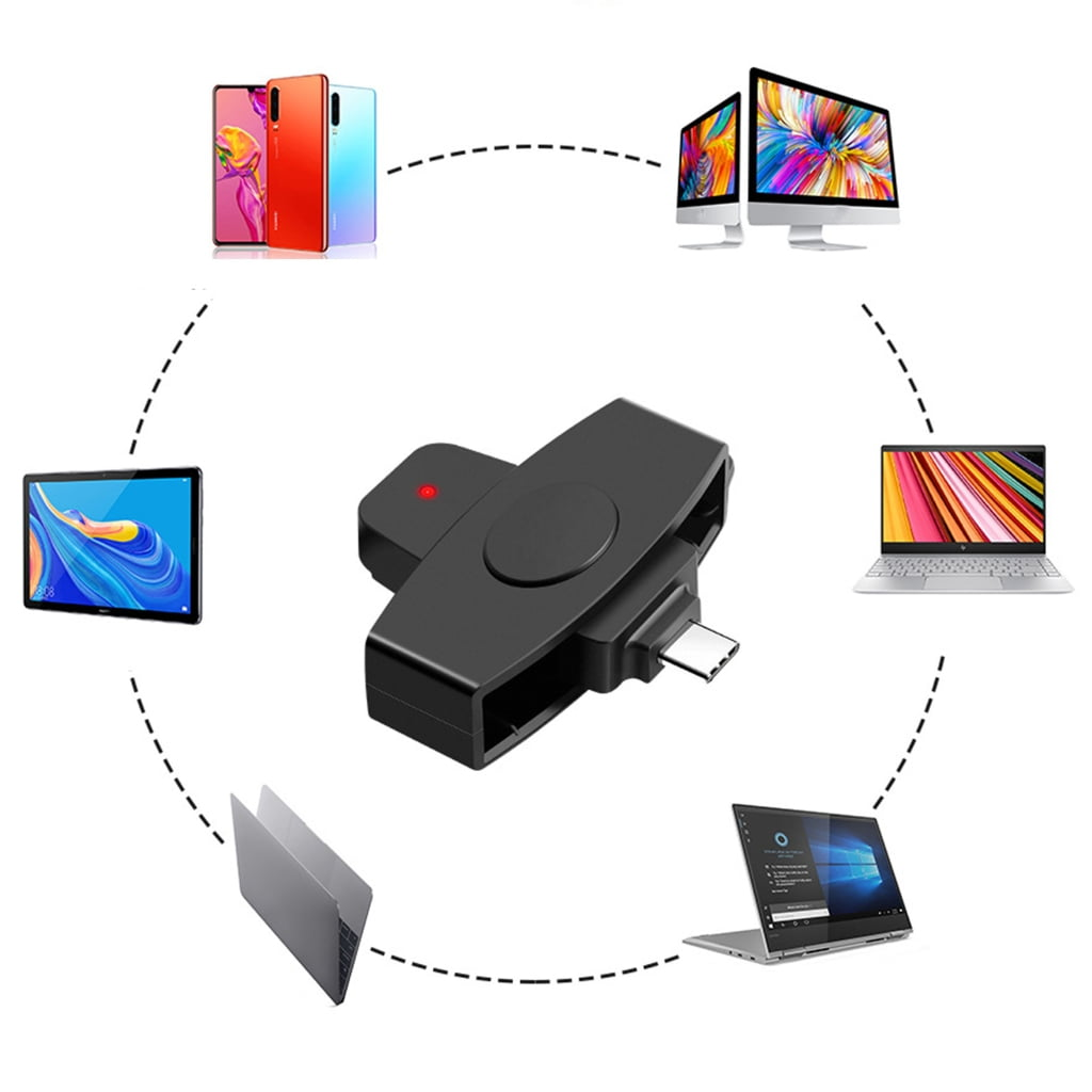 Ein schwarzer Kartenleser verbindet verschiedene Geräte wie Telefone, Tablets und Laptops.