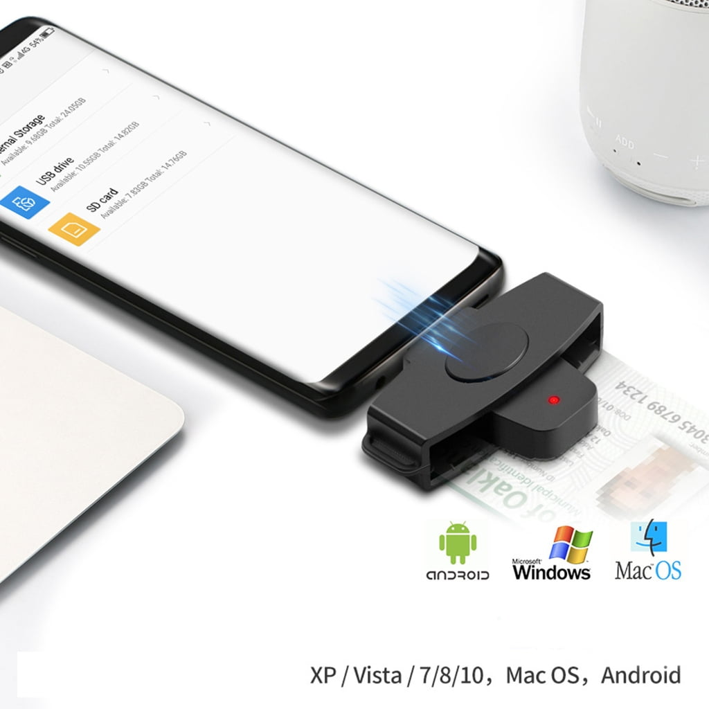 Ein schwarzer Kartenleser steckt in einem Smartphone, das auf einem Laptop liegt. Darunter sind Logos für Betriebssysteme.
