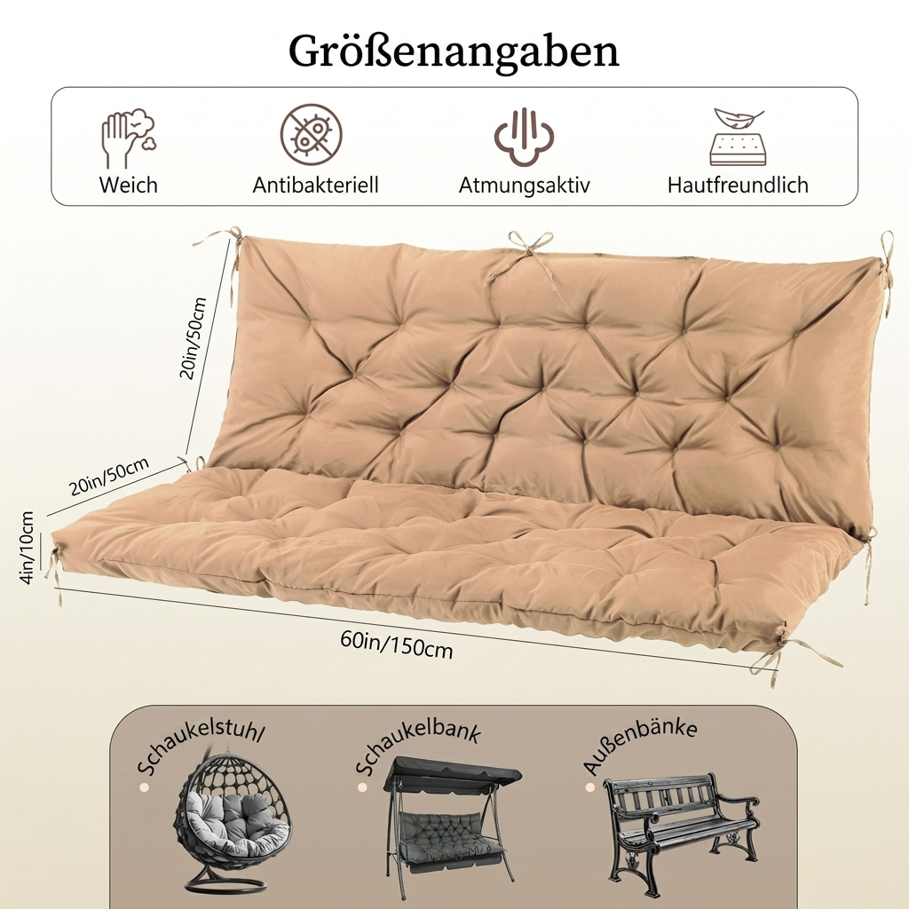 Ein beige gepolstertes Sitzkissen mit Maßen. Icons zeigen Weichheit, antibakteriell, atmungsaktiv, hautfreundlich.