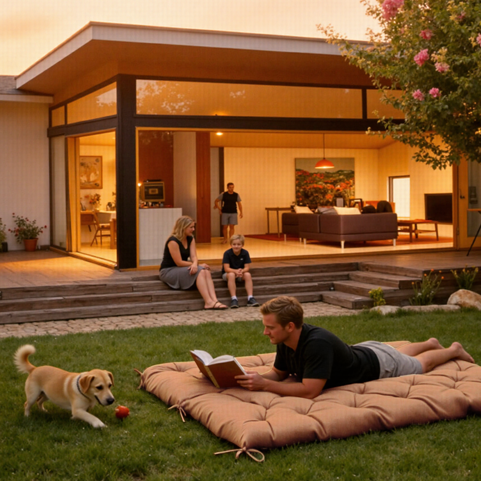 Mann liest Buch auf Kissen im Gras. Hund spielt mit rotem Ball. Familie sitzt auf Treppe.