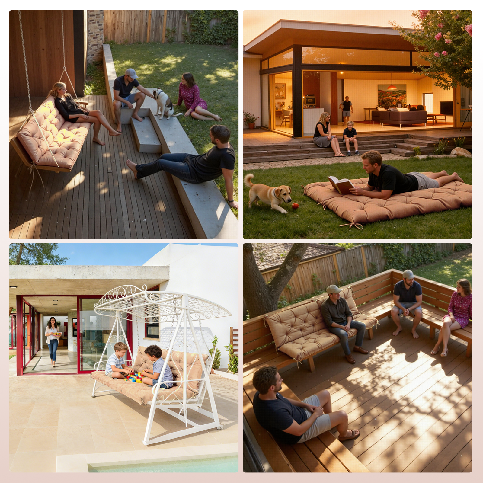 Menschen entspannen sich auf Terrassen und im Garten vor modernen Häusern.