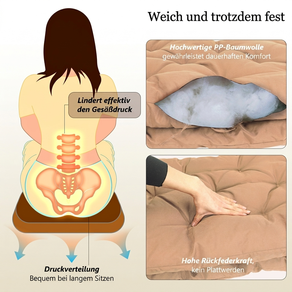 Illustration zeigt Sitzkissen mit Rückendruckentlastung und Materialdetails.