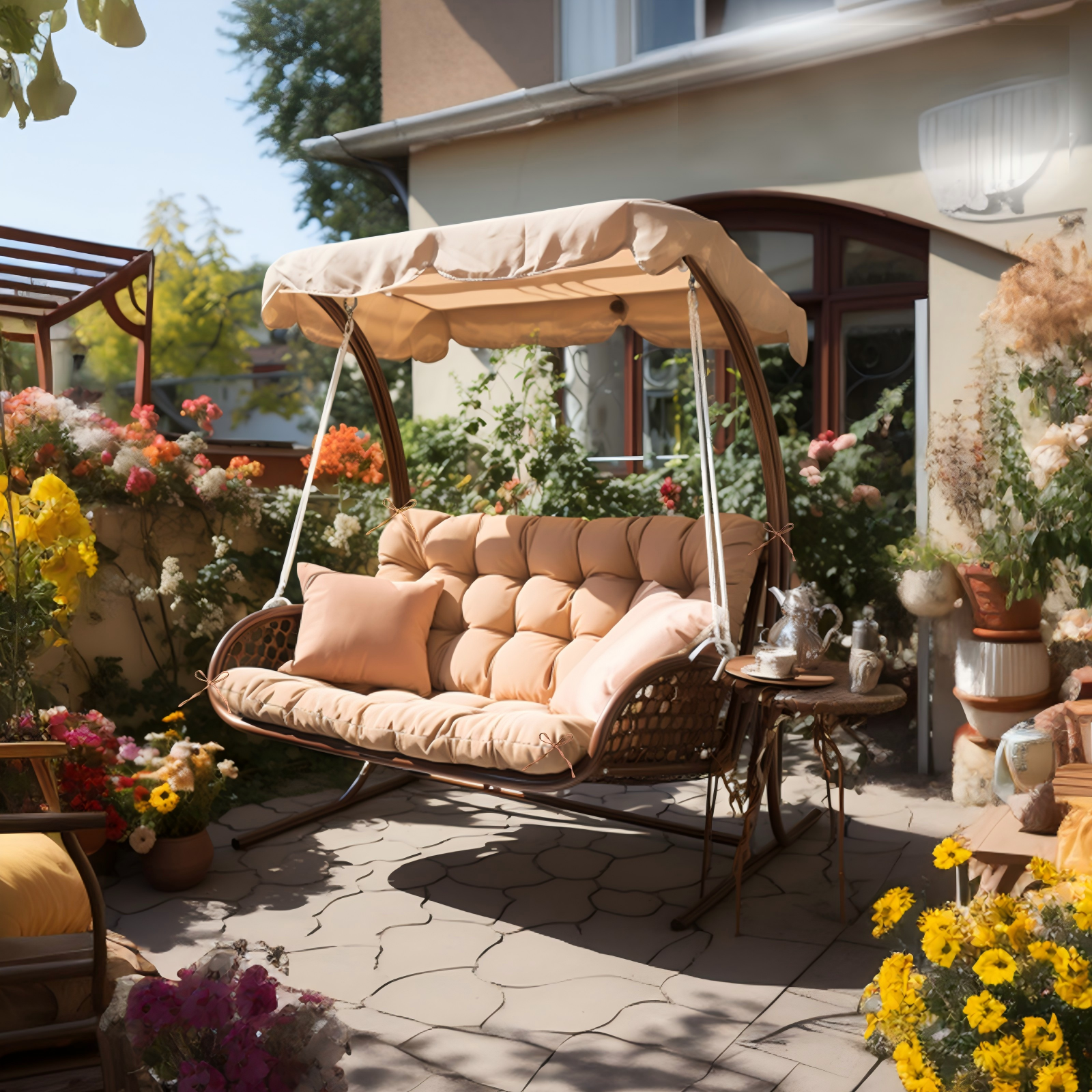 Gartenschaukel mit beiger Polsterung und Kissen, umgeben von bunten Blumen und Pflanzen.