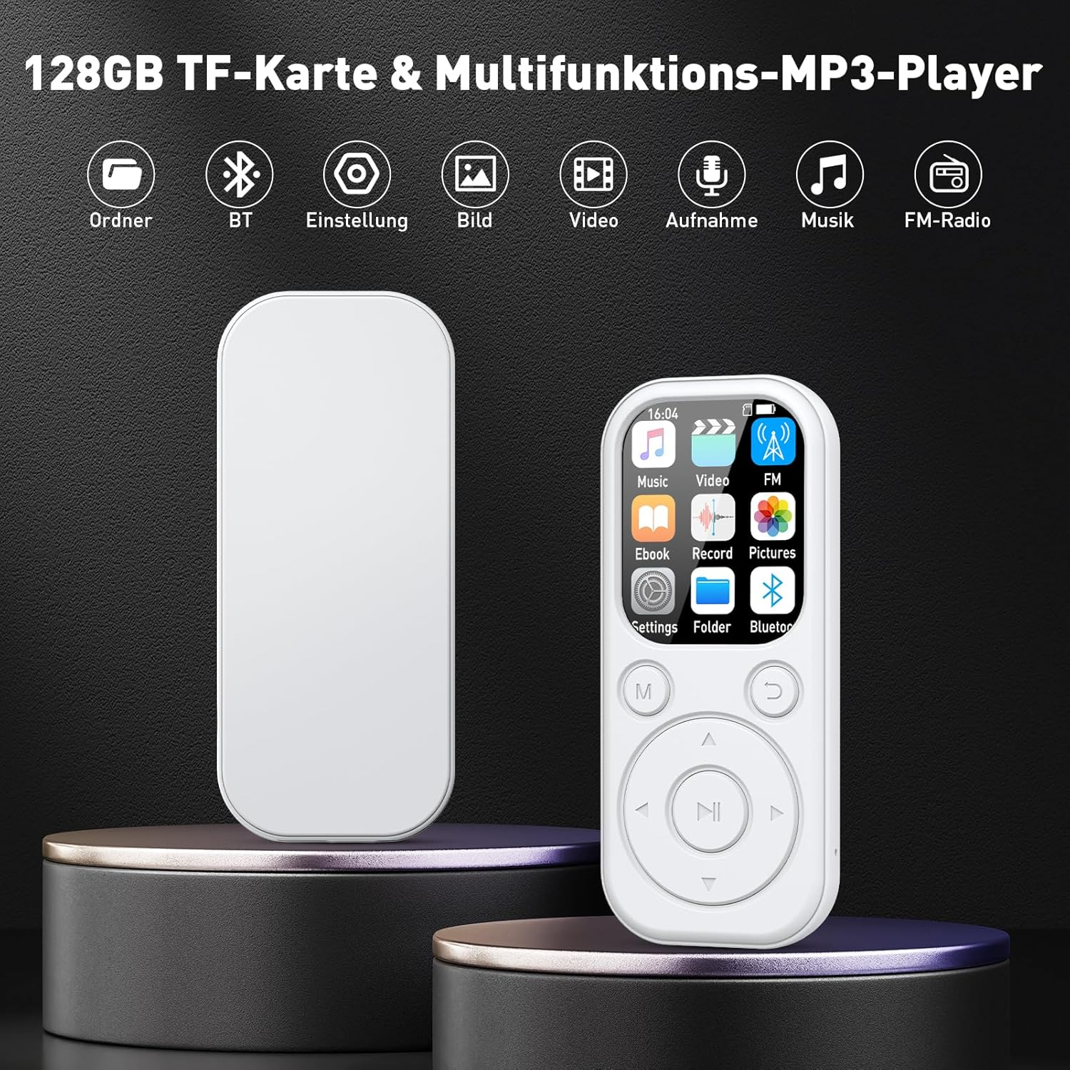 Weiße MP3-Player mit Touchscreen und Navigationsknöpfen, 128GB TF-Karte.
