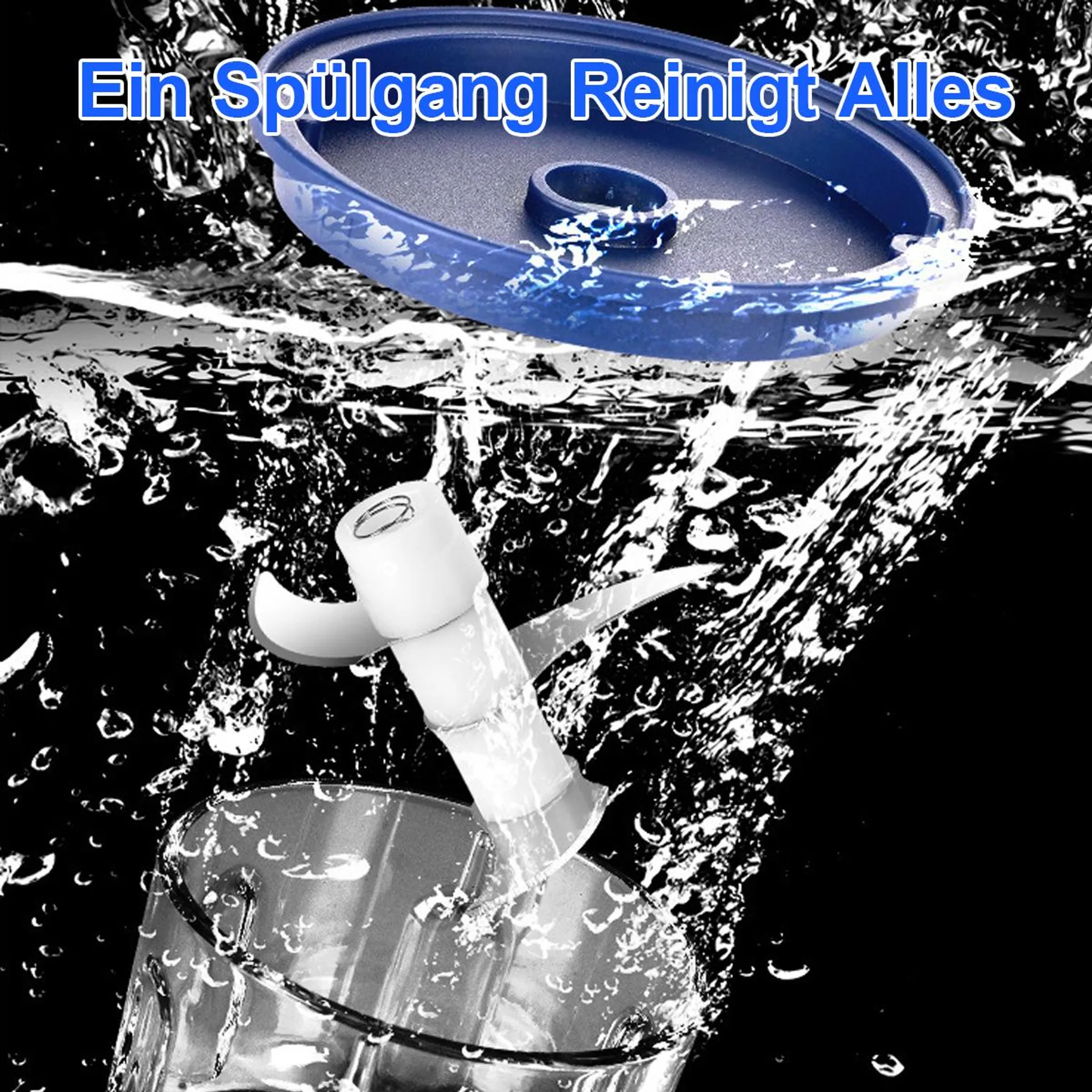 Ein blauer Deckel mit einem Ring, der über einem Glas mit Wasser schwebt.