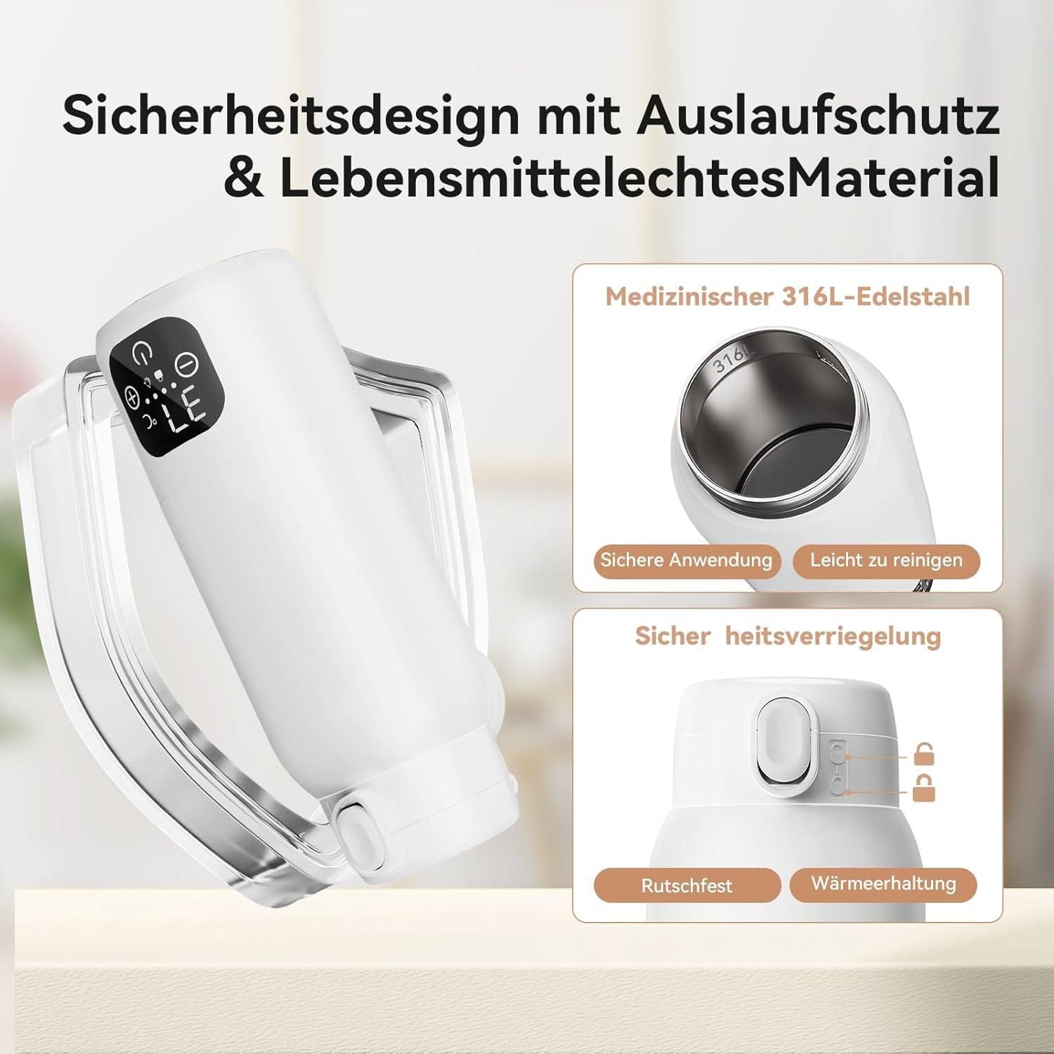 Weiße Thermoskanne mit Display und Griff, Details zu Edelstahl und Verriegelung.