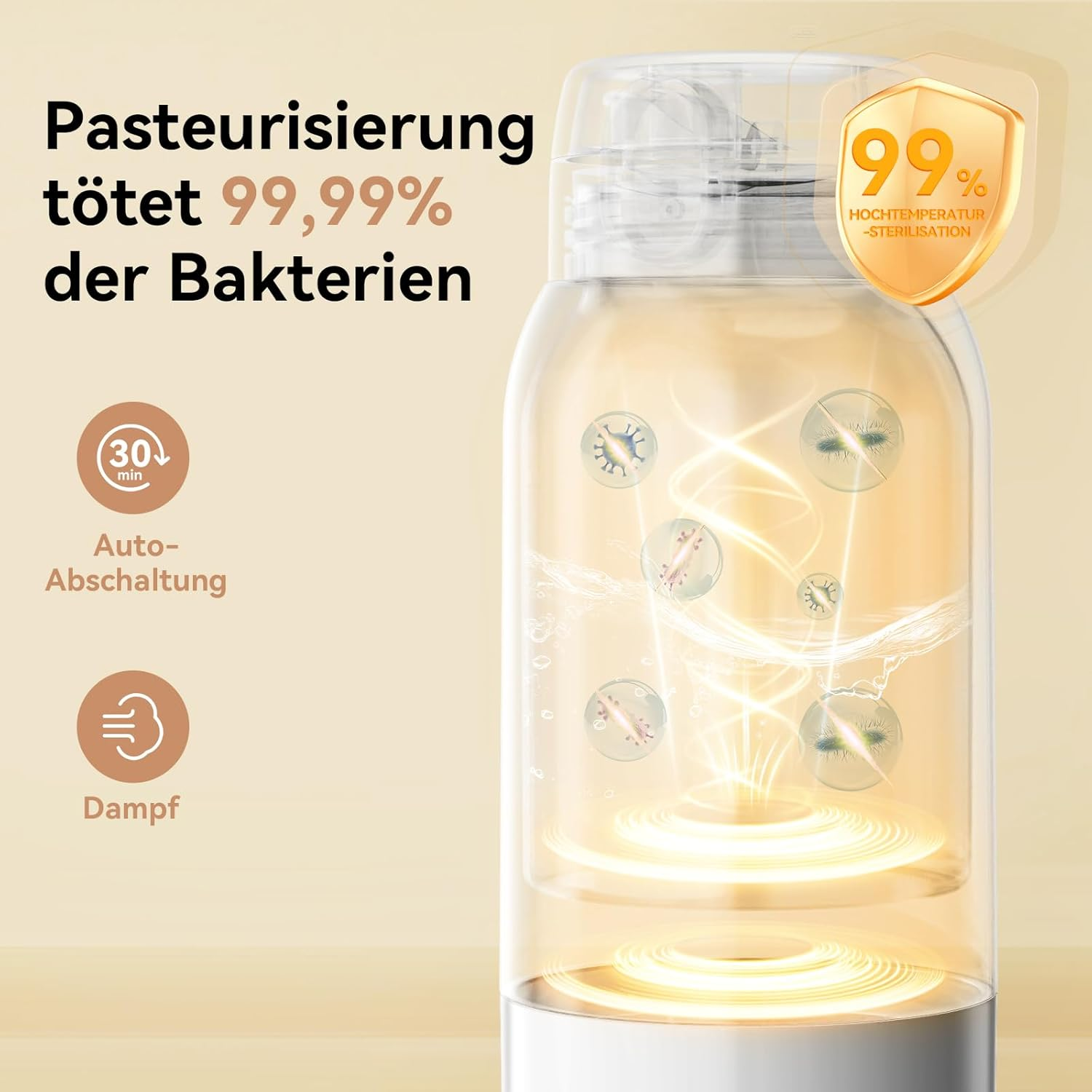 Pasteurisierung tötet 99,99% der Bakterien. Mit 30 Min Auto-Abschaltung und Dampf.
