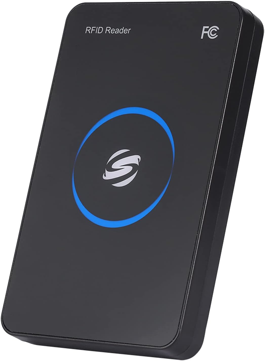 Schwarzer RFID-Leser mit blauem Kreis und S-Logo.