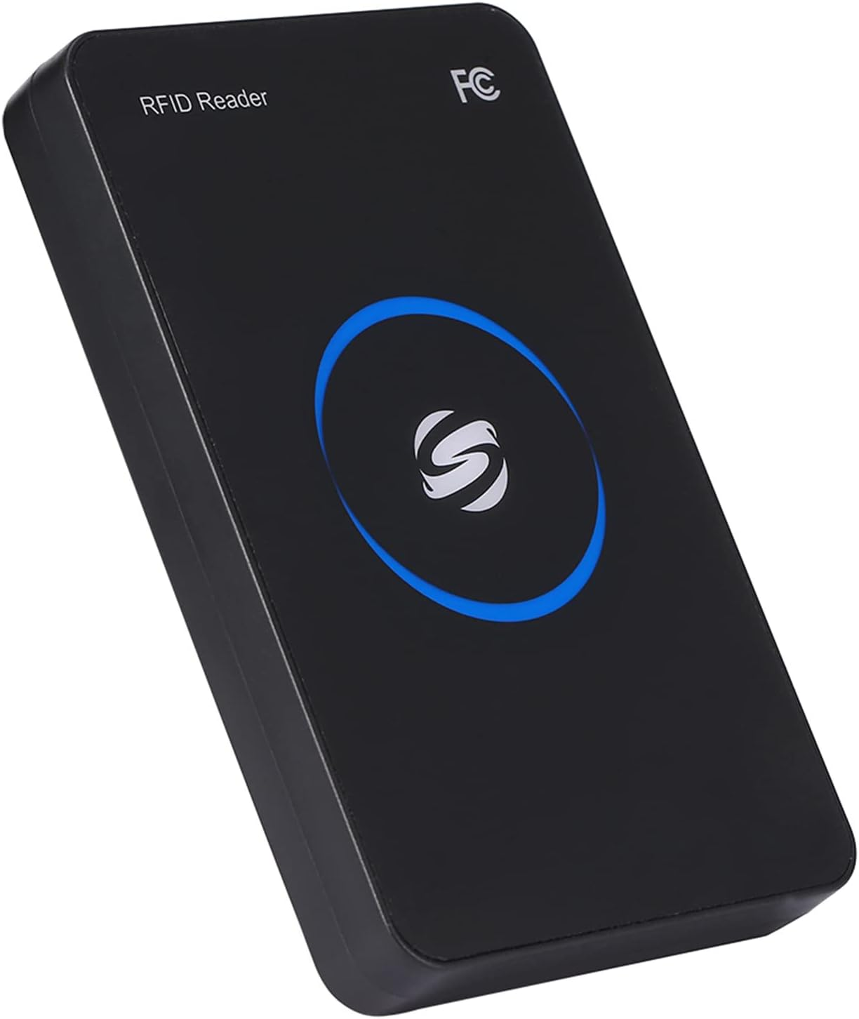 Schwarzer RFID-Leser mit blauem Leuchtring und S-Logo.