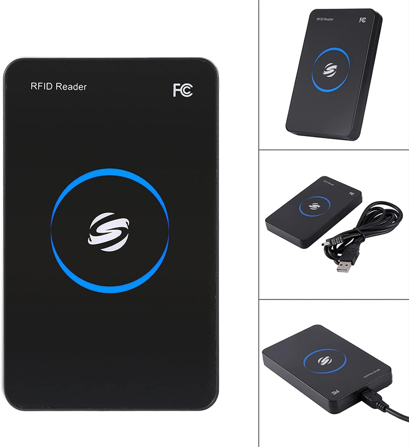 Schwarzer RFID-Leser mit blauem Kreis und S-Logo, mit USB-Kabel.