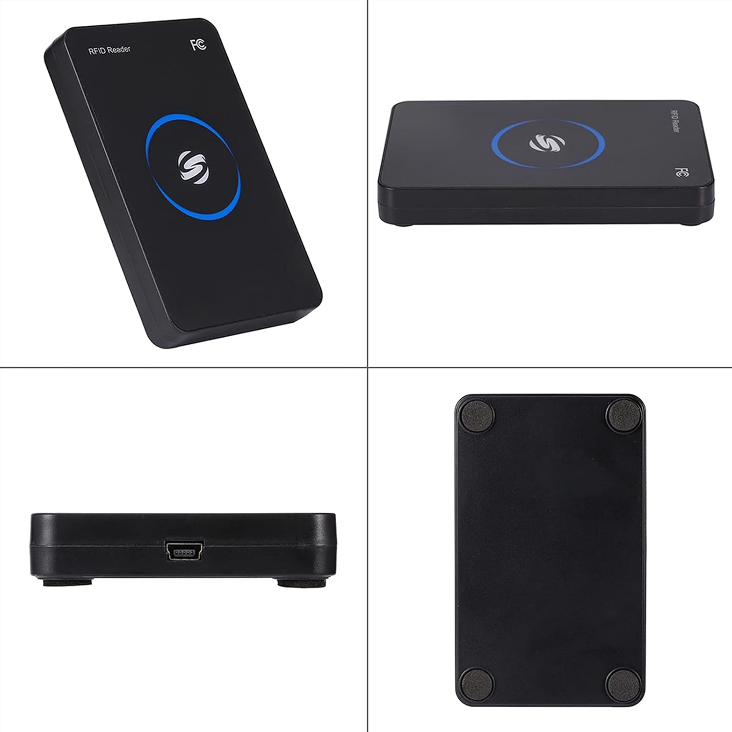 Schwarzer RFID-Leser mit blauem kreisförmigem Logo und Text. Seitenansicht zeigt USB-Anschluss.