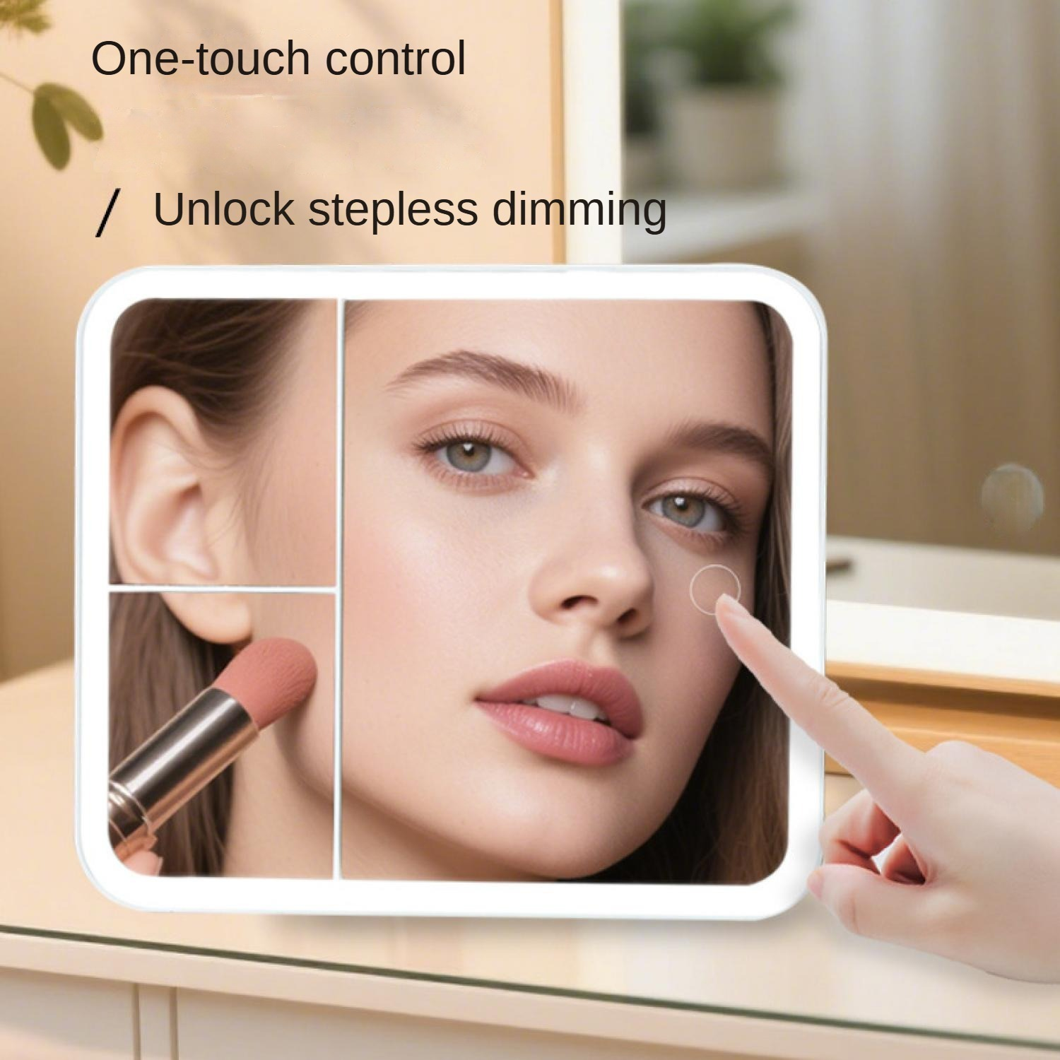 Ein Spiegel zeigt ein Gesicht, eine Hand tippt ihn an, um die Beleuchtung einzustellen.