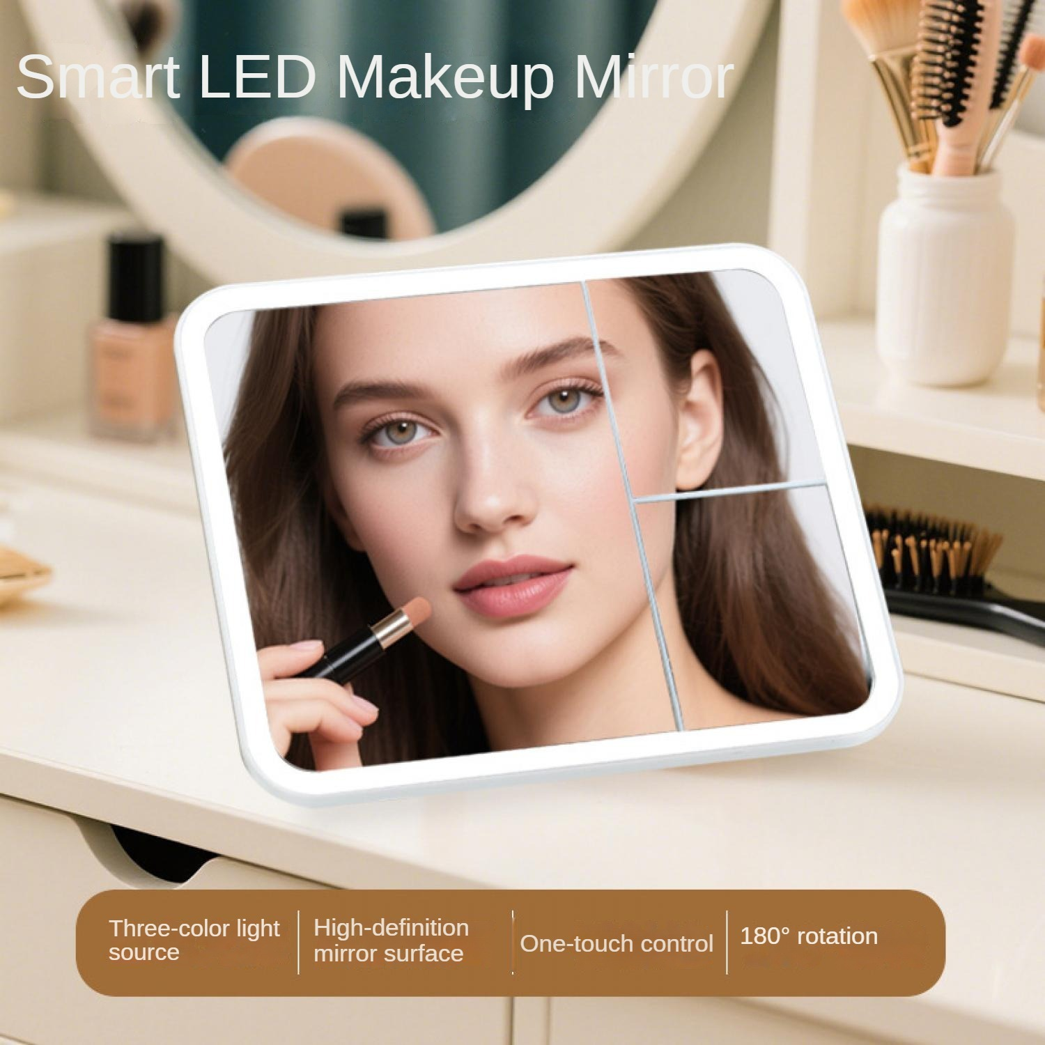 Eine Frau trägt Make-up vor einem hell beleuchteten Spiegel auf, der auf einer Kommode steht.