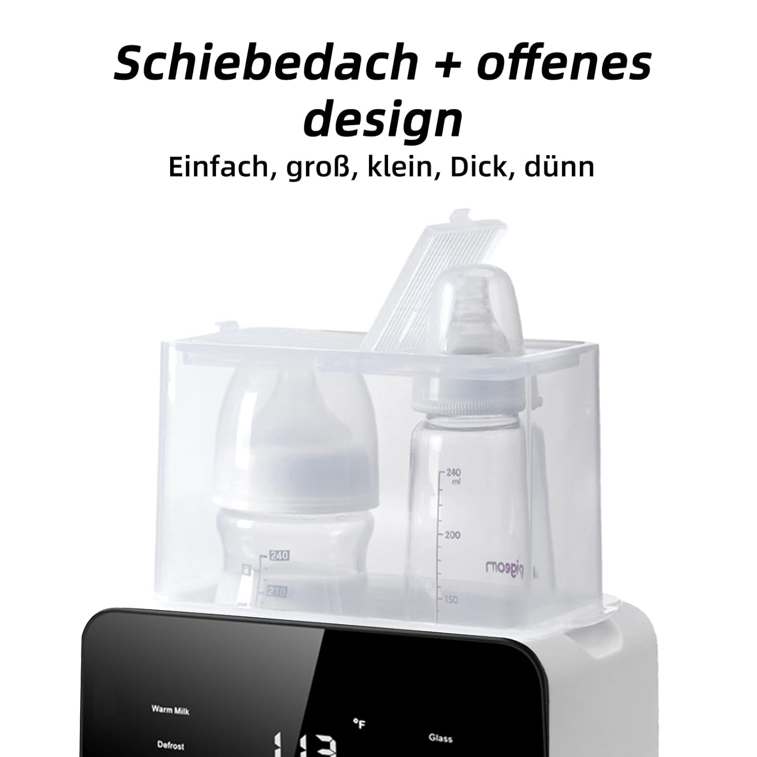 Ein Babyflaschenwärmer mit offenem Design, zwei Flaschen und einem digitalen Display.