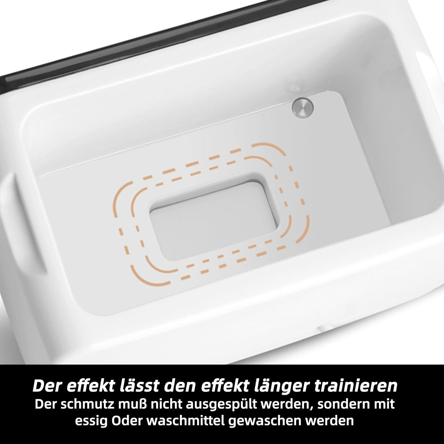 Weiße Box mit orangen Linien um eine rechteckige Vertiefung.