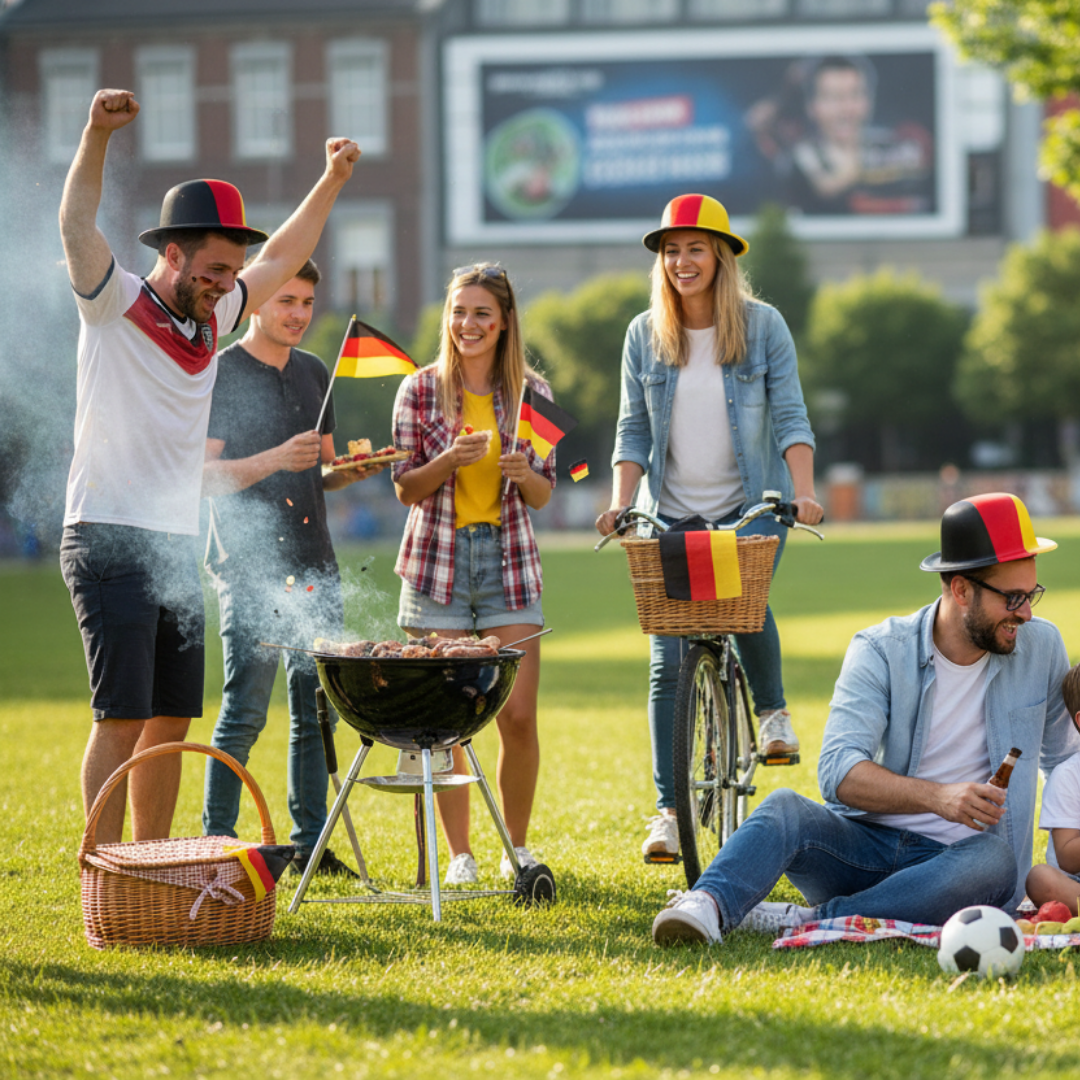 Leute grillen und feiern mit Deutschlandflaggen im Park. Ein Mann fährt Fahrrad.