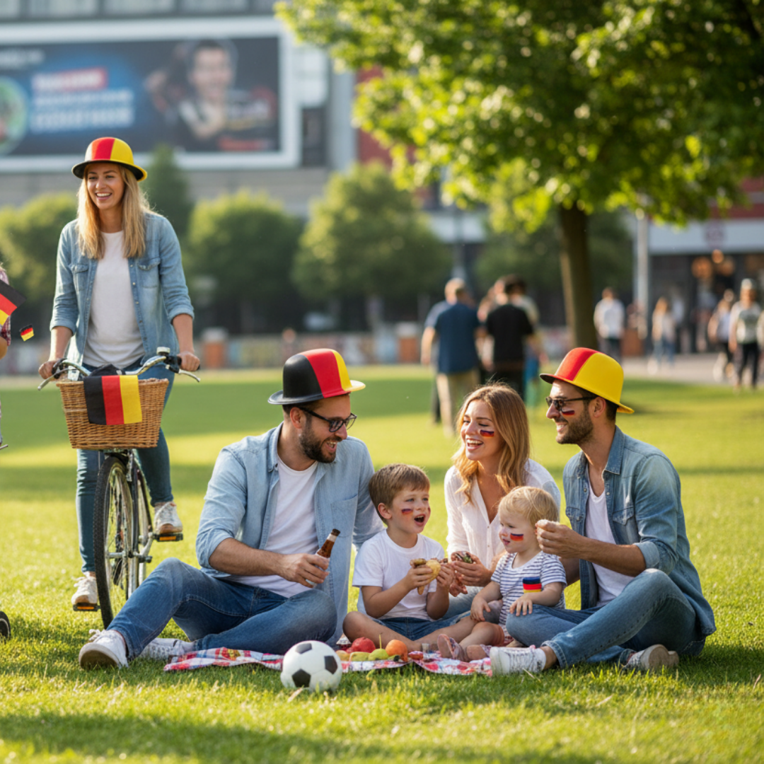 Eine Familie feiert im Park mit Deutschland-Fahnen und Gesichtsfarbe.