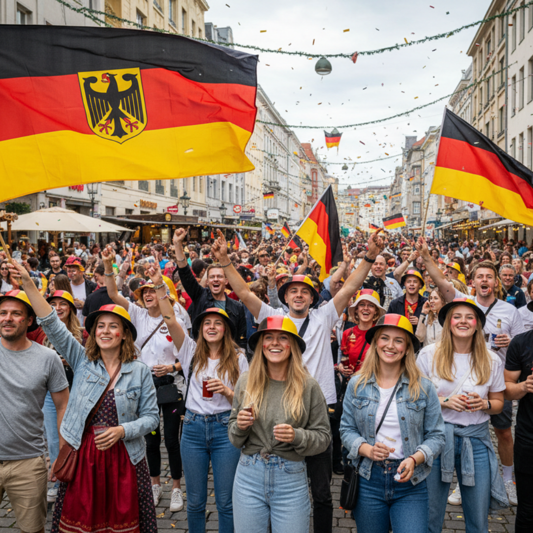 Eine jubelnde Menge feiert in einer Straße, mit Deutschlandflaggen und Konfetti.