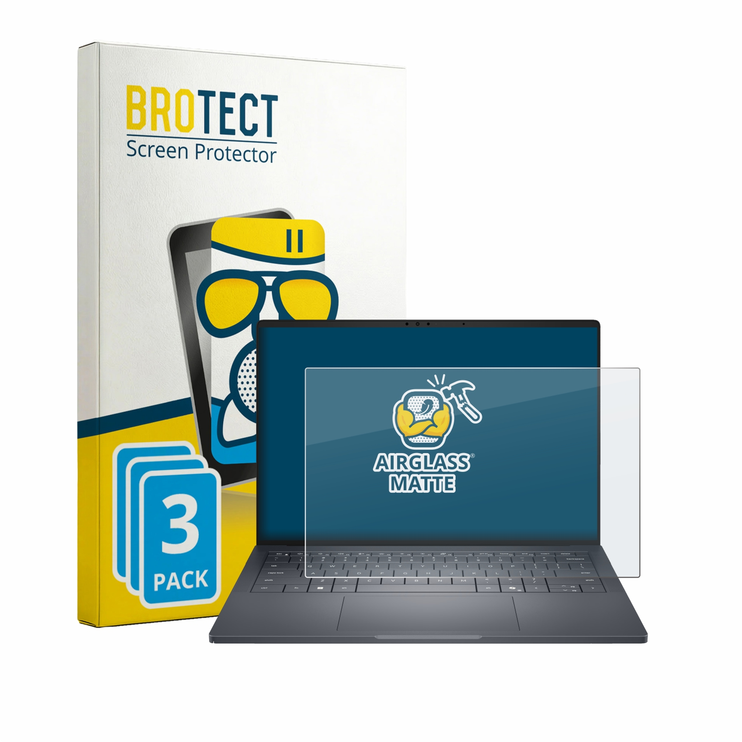 BROTECT Displayschutzfolien-Packung für Laptops. Enthält eine Displayschutzfolie auf einem Laptop.