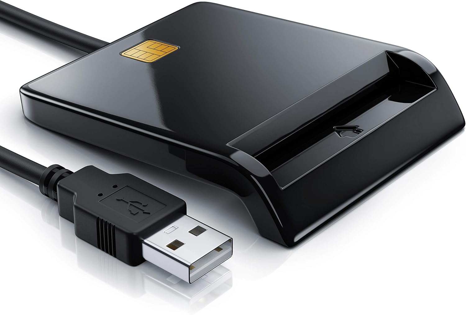 Schwarzer Kartenleser mit USB-Anschluss und SIM-Kartensymbol.