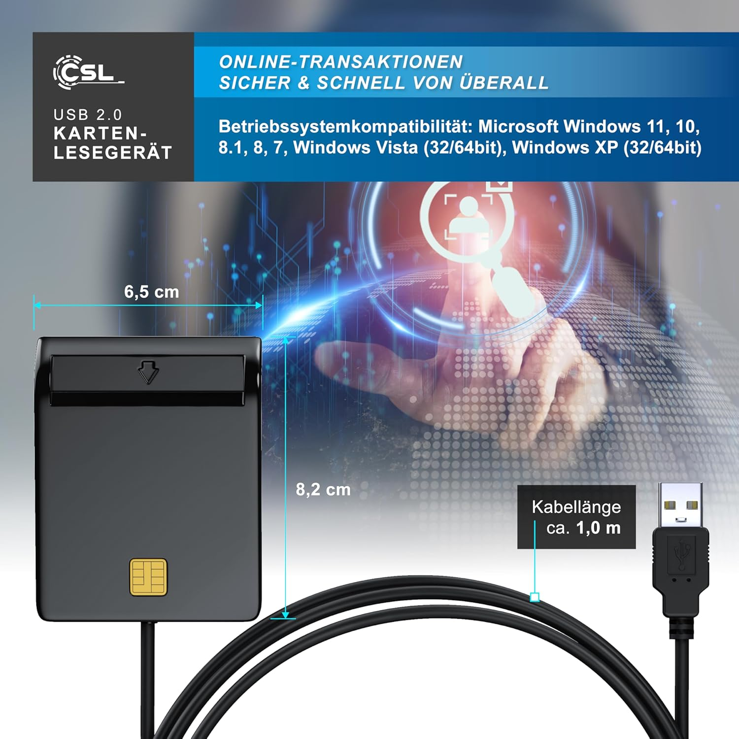 Ein schwarzes USB 2.0 Kartenlesegerät mit Chipkartenleser, Maße 6,5x8,2cm.