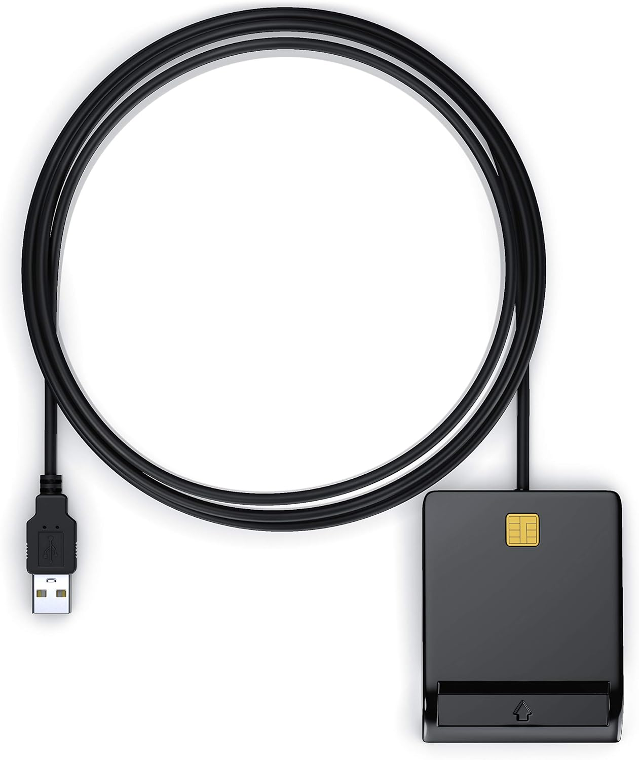 Ein schwarzer USB-Kartenleser mit einem goldenen Chip und einem schwarzen Kabel.